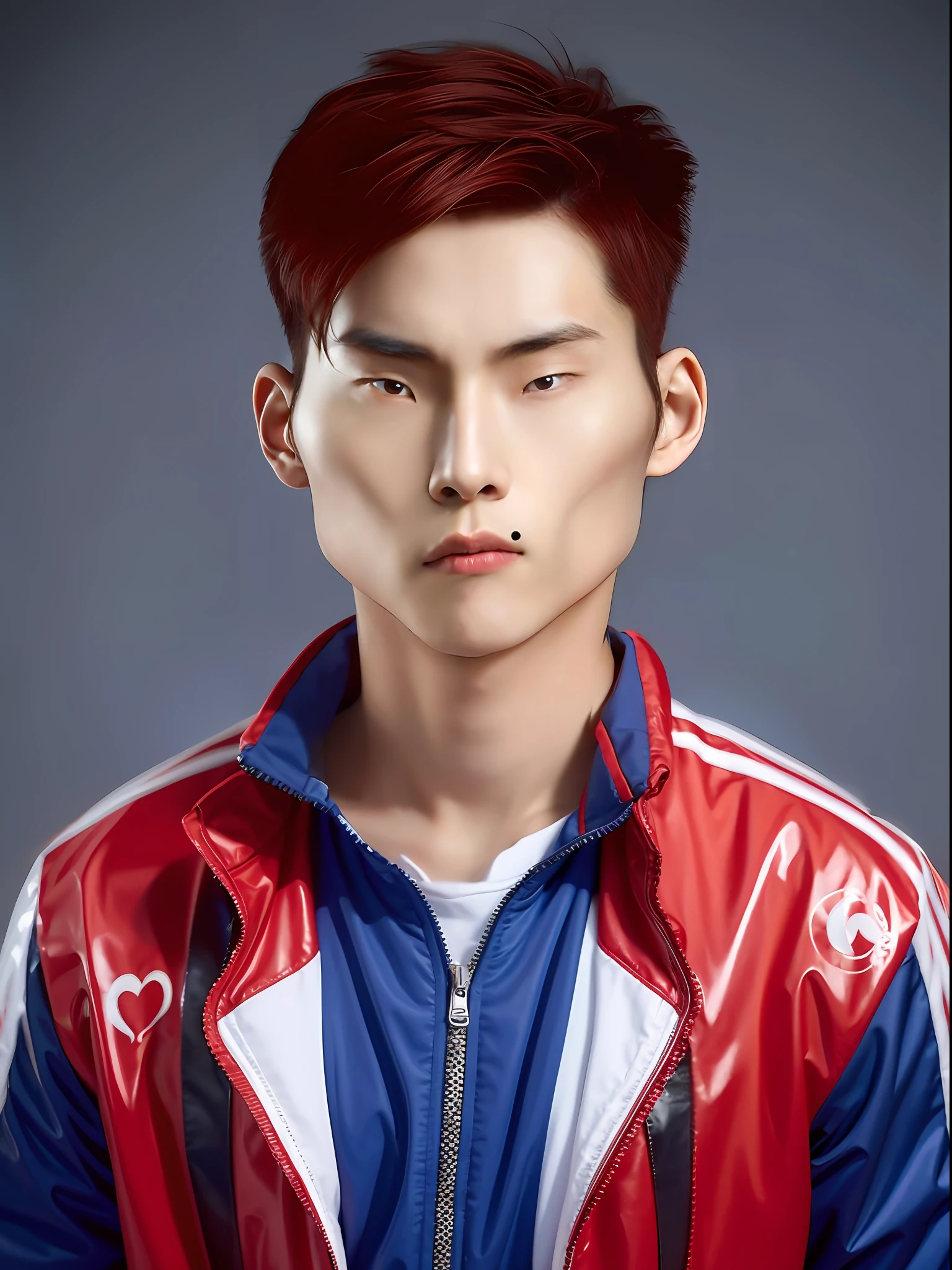 Chinese male high school student,Wearing PVC light blue tracksuit