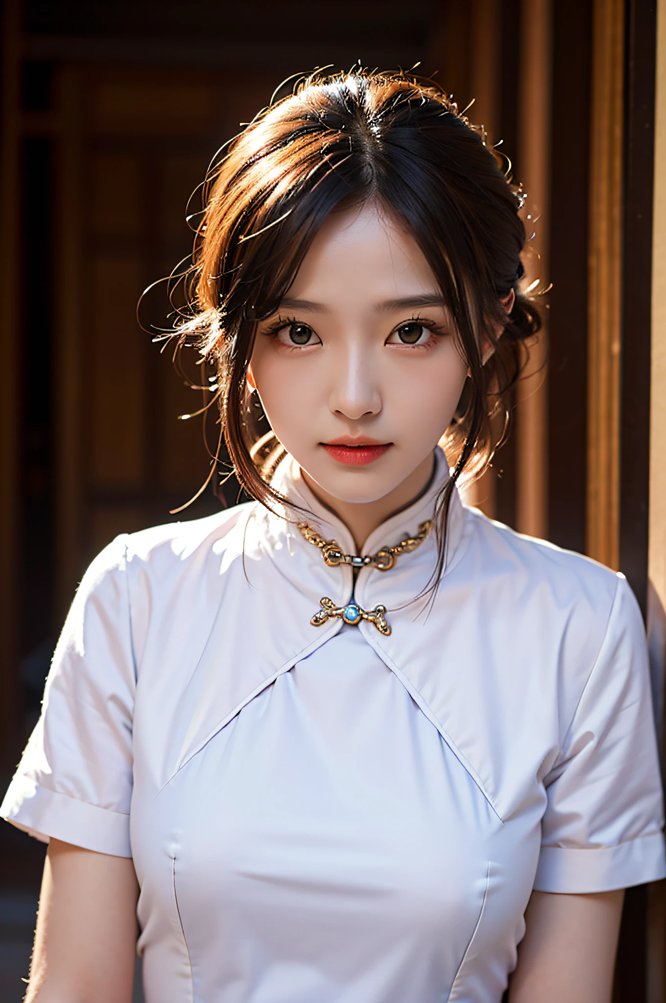 (Hyperrealistic,)4K,35mm,hyper-high detail, Professional lighting, Best quality, Ultra-high resolution, Visually stunning, (1girll:1.3), National style cheongsam,,realskin,(Perfect body 1.3)Ultra-delicate face。