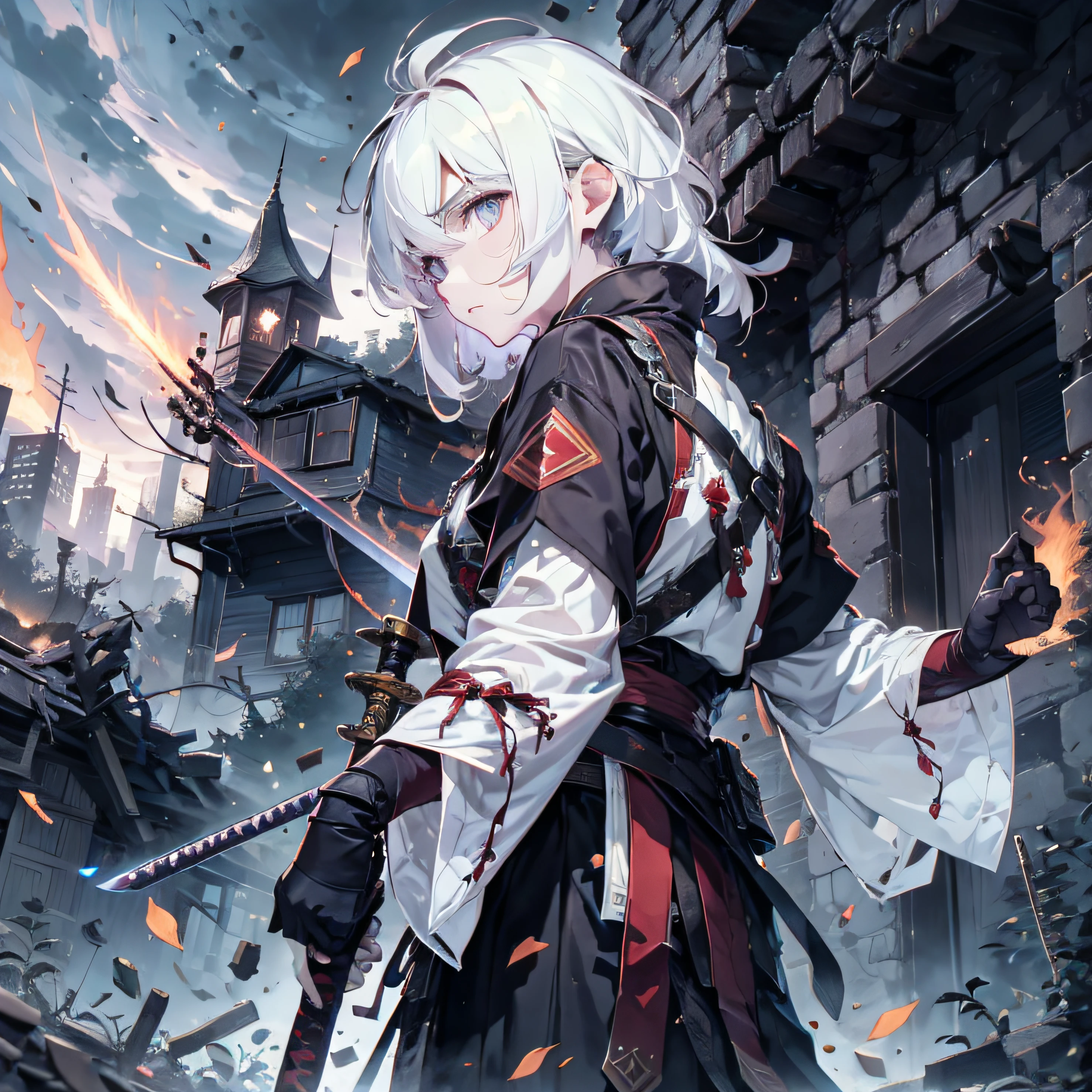 white hair boy,burly build,Red long-sleeved hanfu,white hair boy,burly build,Brawny,Brawny,nigth,the night,best qualtiy,Ultra-long viewing angle,A bald boy,Turn your head to look at a person,Back shadow,Red long-sleeved hanfu, Fine Eye, 详细的脸, Detailed eyes,Wield a sword, A sword surrounded by red flames,Wield this sword,full bodyesbian,Ultra-long viewing angle,visto ao longe,from below, Look up, Ruined suburbs,Dilapidated old house,background inside dark,Ultra-long viewing angle,A dilapidated house in the distance,sword-wielding,sword-wielding