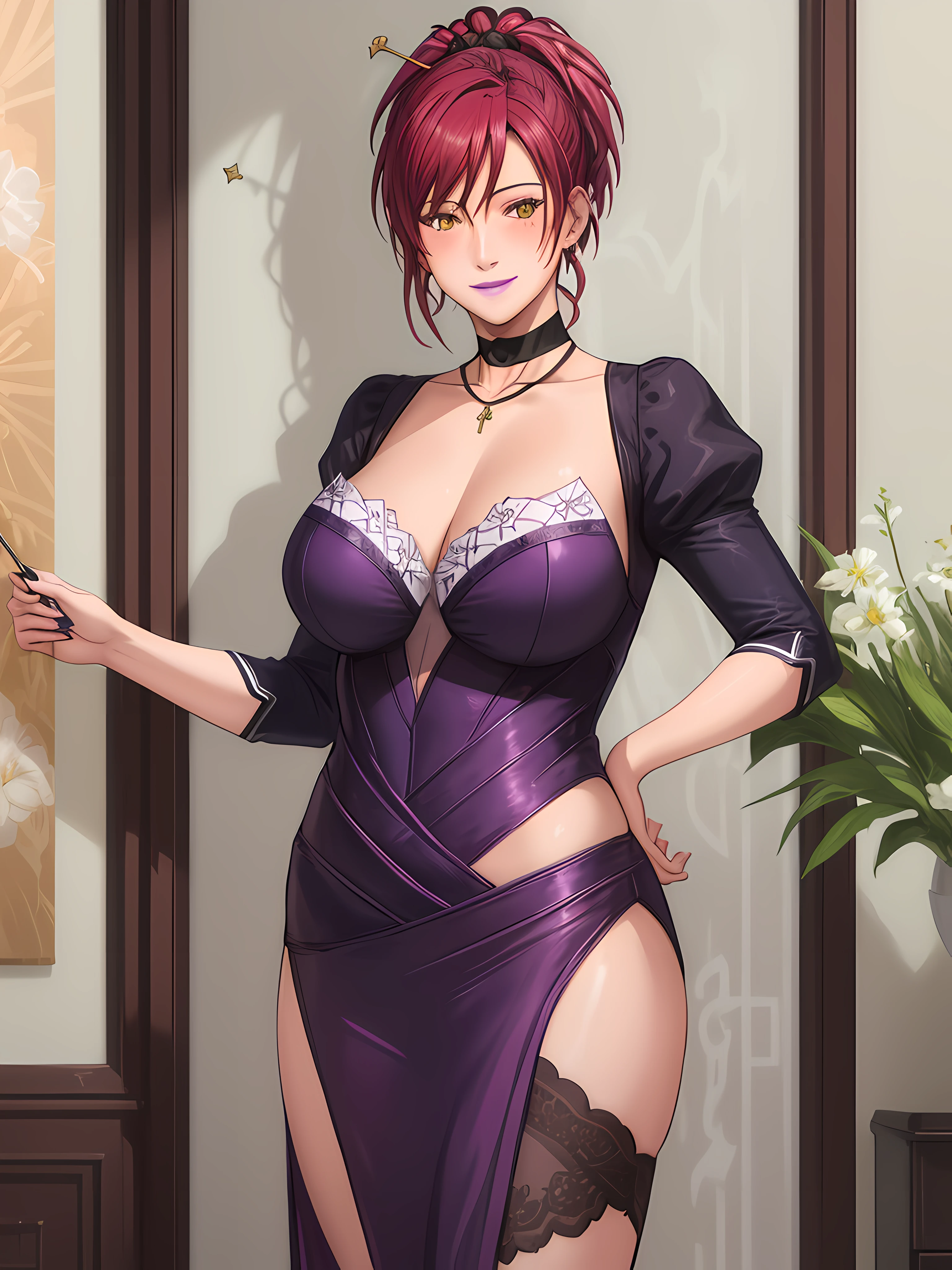 (Masterpiece, Best Quality, High Quality:1.4), professional artwork, for desktop wallpaper, Intricate Details, field of view, sharp focus, detailed painting, photorealistic lighting, trending on pixiv, 1girl, (vivid lighting, vibrant colors:1.05), realistic shadows, ambient occlusion,
Marie Mamiya, mature female, milf, solo, (curvy:1.1), luxury room, (half body shot:1.1), looking to attention,
(red hair:1.05), hair ornament, lipstick, makeup, (mole under eye:0.9), choker, ultra detail hair, ultra detail face, (yellow glowing eyes:1.05), perfect eyes, perfect face, perfect retina, earrings, (seductive look, blush:1.15), bitch, lewd face, smile,
(purple, main dress:1.4), choker, necklace, fingernails, flawless drawn, no blur
(Large Breasts:1.15)