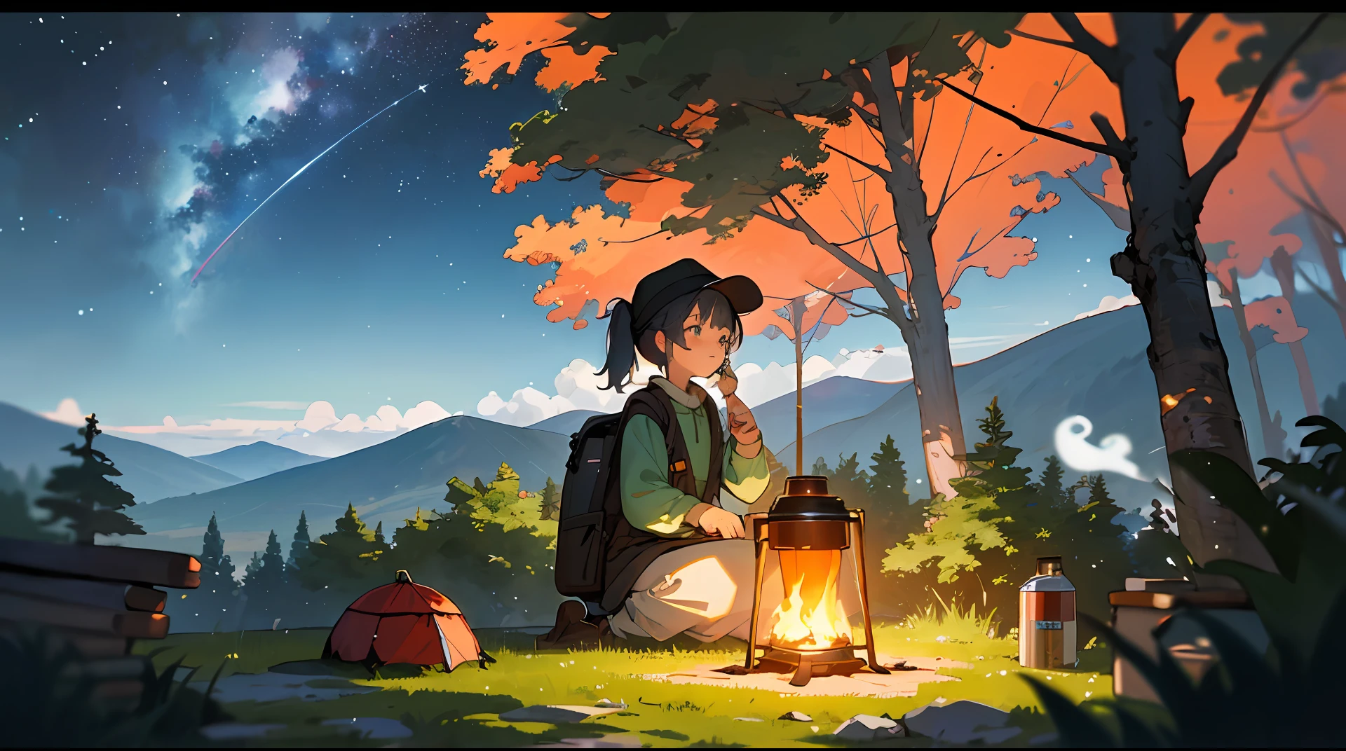 masterpiece, best quality, ultra-detailed, illustration, 1girl, short girl, young girl, beautiful, solo, looking away, outdoors, camping, night, mountains, nature, stars, moon, tent, twin ponytails, green eyes, cheerful, happy, backpack, sleeping bag, camping stove, water bottle, mountain boots, gloves, sweater, hat, flashlight, forest, rocks, river, wood, smoke, shadows, contrast, clear sky, constellations, Milky Way, peaceful, serene, quiet, tranquil, remote, secluded, adventurous, exploration, escape, independence, survival, resourcefulness, challenge, perseverance, stamina, endurance, observation, intuition, adaptability, creativity, imagination, artistry, inspiration, beauty, awe, wonder, gratitude, appreciation, relaxation, enjoyment, rejuvenation, mindfulness, awareness, connection, harmony, balance, texture, detail, realism, depth, perspective, composition, color, light, shadow, reflection, refraction, tone, contrast, foreground, middle ground, background, naturalistic, figurative, representational, impressionistic, expressionistic, abstract, innovative, experimental, unique, depth of field, bokeh