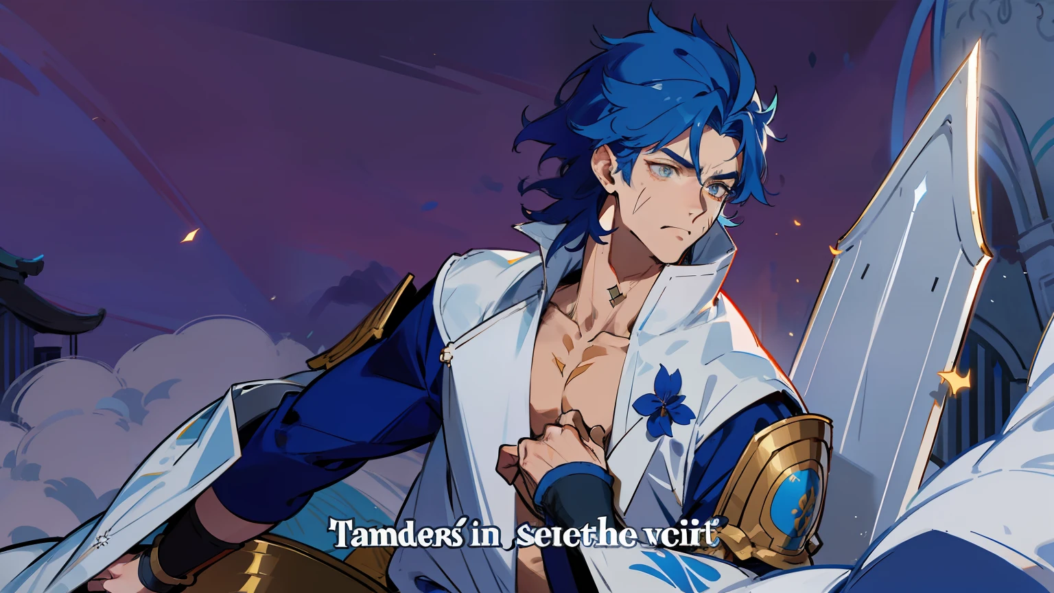 Naotora is tall, muscular guy, with short pointed blue hair,,,, Like the ears of the beast,, And golden eyes. He has a scar on his left cheek. He wears what looks like a white cloak and light blue traditional samurai armor.