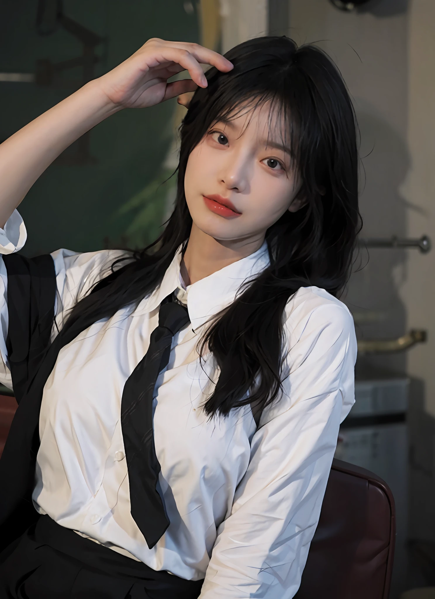 best qualtiy,tmasterpiece,超高分辨率,(realisticlying:1.4),1girll,Raised sexy,(Random color shirts and ties:1.2),(brassier:1.2),(Bigchest:1.3),(The upper part of the body:1.4)