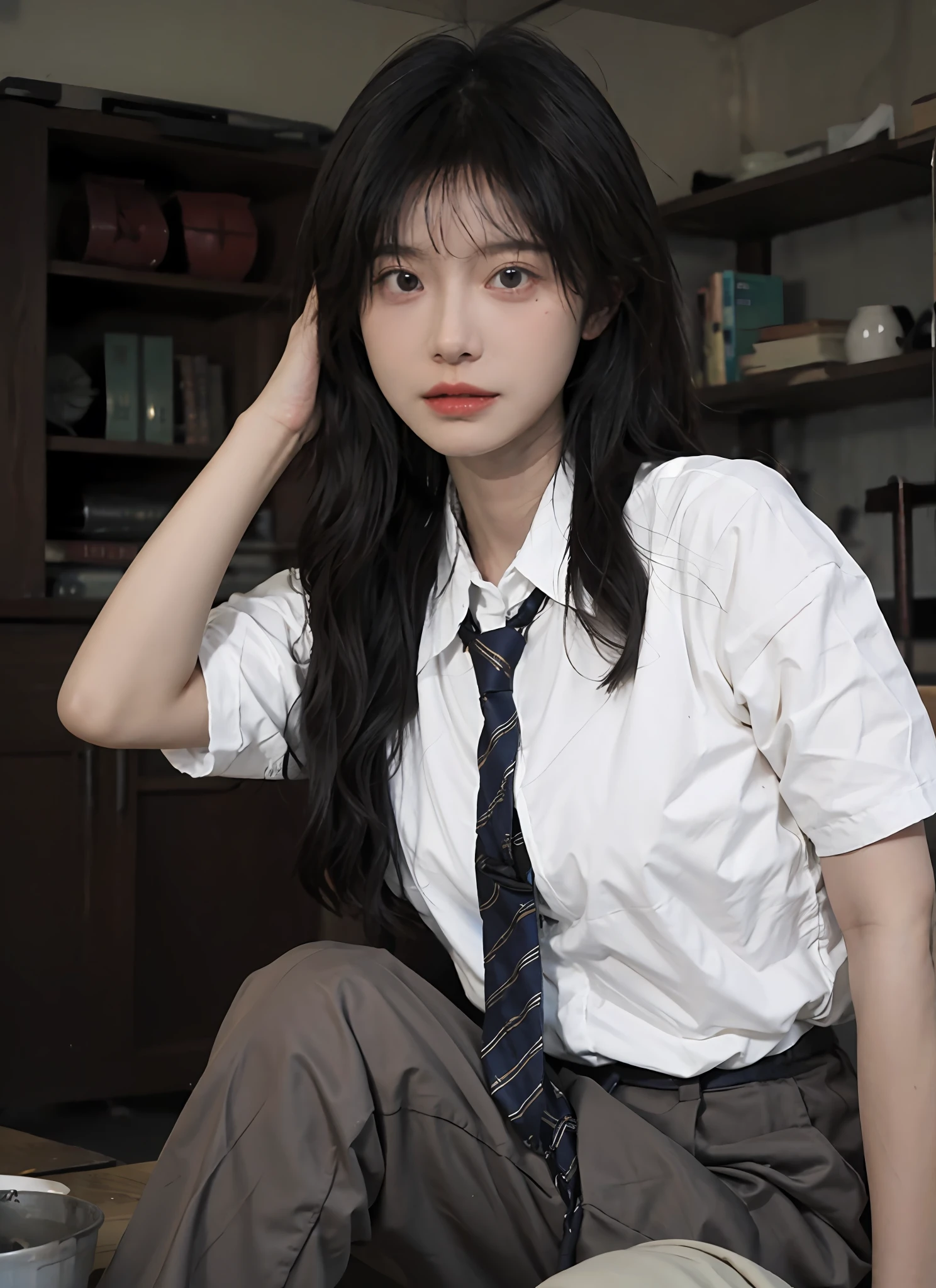 best qualtiy,tmasterpiece,超高分辨率,(realisticlying:1.4),1girll,Raised sexy,(Random color shirts and ties:1.2),(brassier:1.2),(Bigchest:1.3),(The upper part of the body:1.4)
