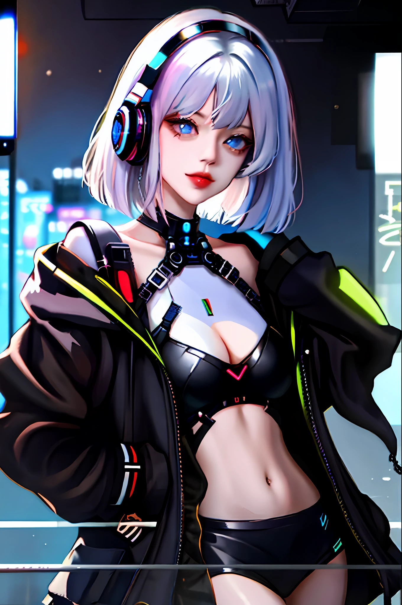 1girl, bangs, white hair, blue eyes, fashi-girl,bob cut,short hair, cleavage, collarbone, open jacket,mecha,cyberpunk,neon lights,large breasts,mature female,shiny skin,rain,water drop,badass,alluring,mecha musume,ghost in the shell,red lips,looking to the side,closed mouth,headphones,cinematic lighting