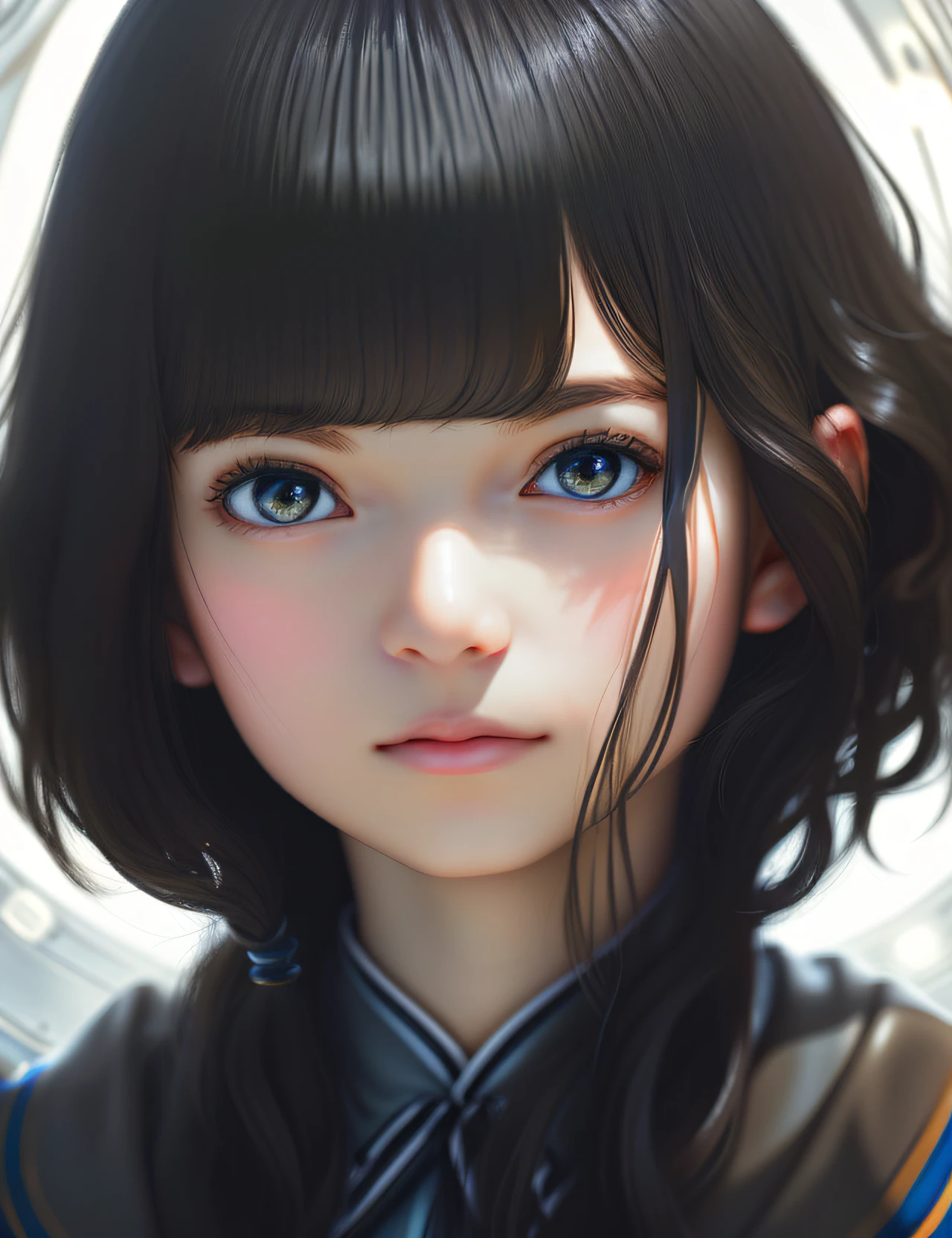 Milenka Mikhailova, (masterpiece), realistic, (portrait of a girl), beautiful face,
sunlight, cinematic light, bangs, beautiful woman, beautiful eyes, short black hair, 
perfect anatomy, very cute, princess eyes, (eyes black), (frame head), centered, stylized, 
bioluminescence, 8k resolution, low-cut white dress with small blue details, human hands, 
full of wonder, elegant, approaching perfection, dynamic, highly detailed, character sheet , 
concept art, soft , looking directly at the viewer positioned so that her body is symmetrical and balanced, 
incredibly beautiful, short black detailed hairstyle with bangs,
