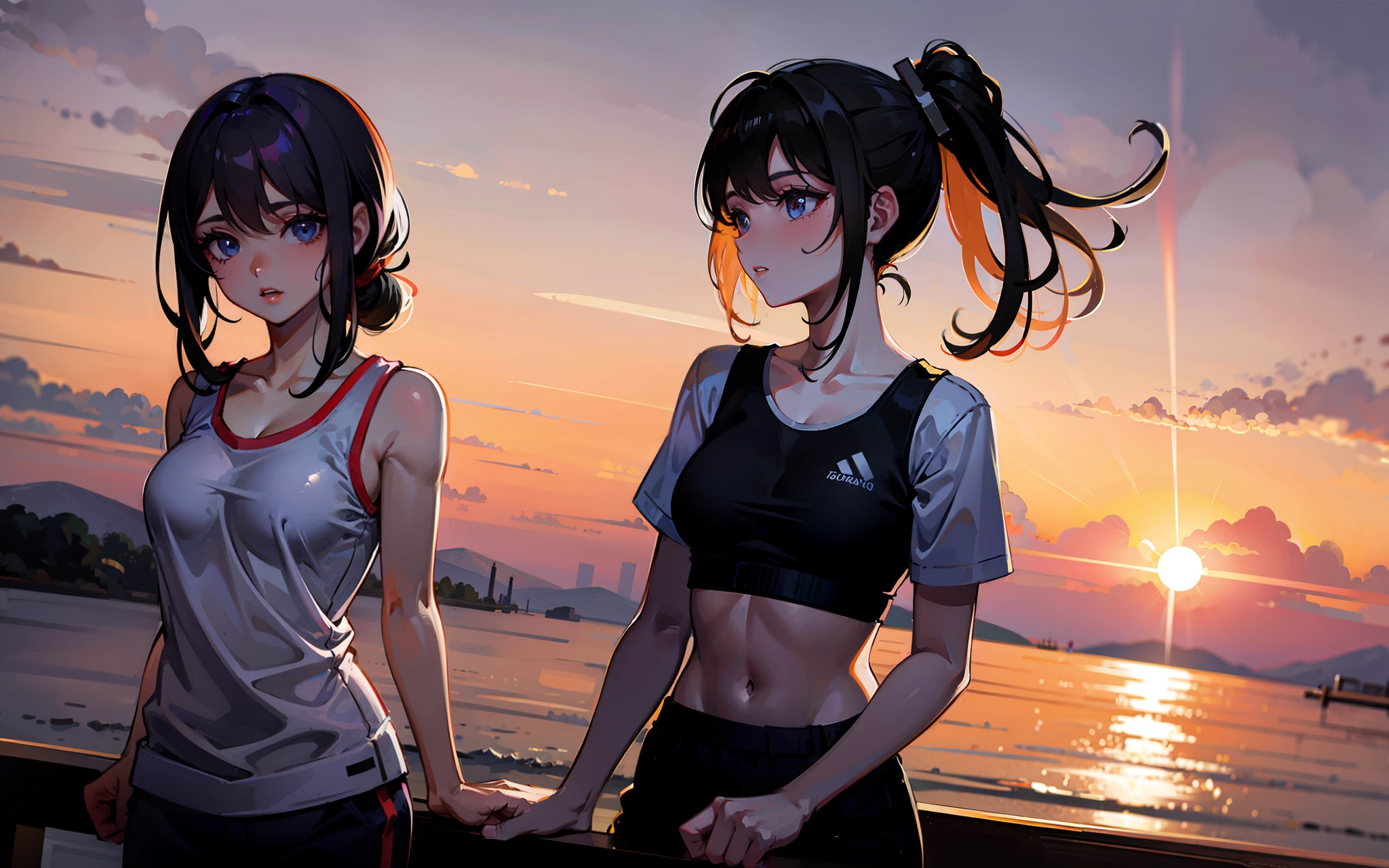 Girl with black hair, high ponytail behind the sunset, wearing loose sportswear