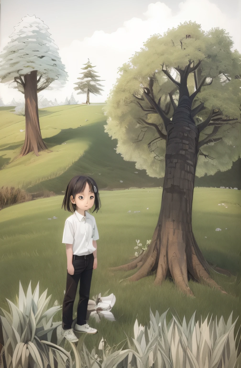 Draw a girl standing in front of a tree in a field, black and white manga page, pencil and ink manga, punpun onodera, Manga illustration, black and white manga panel, full page illustration, Floor plan about the《Ishida art manga》, with a tall tree, comic page, Black and white comics, full page illustration, Black and white comics, comic drawing