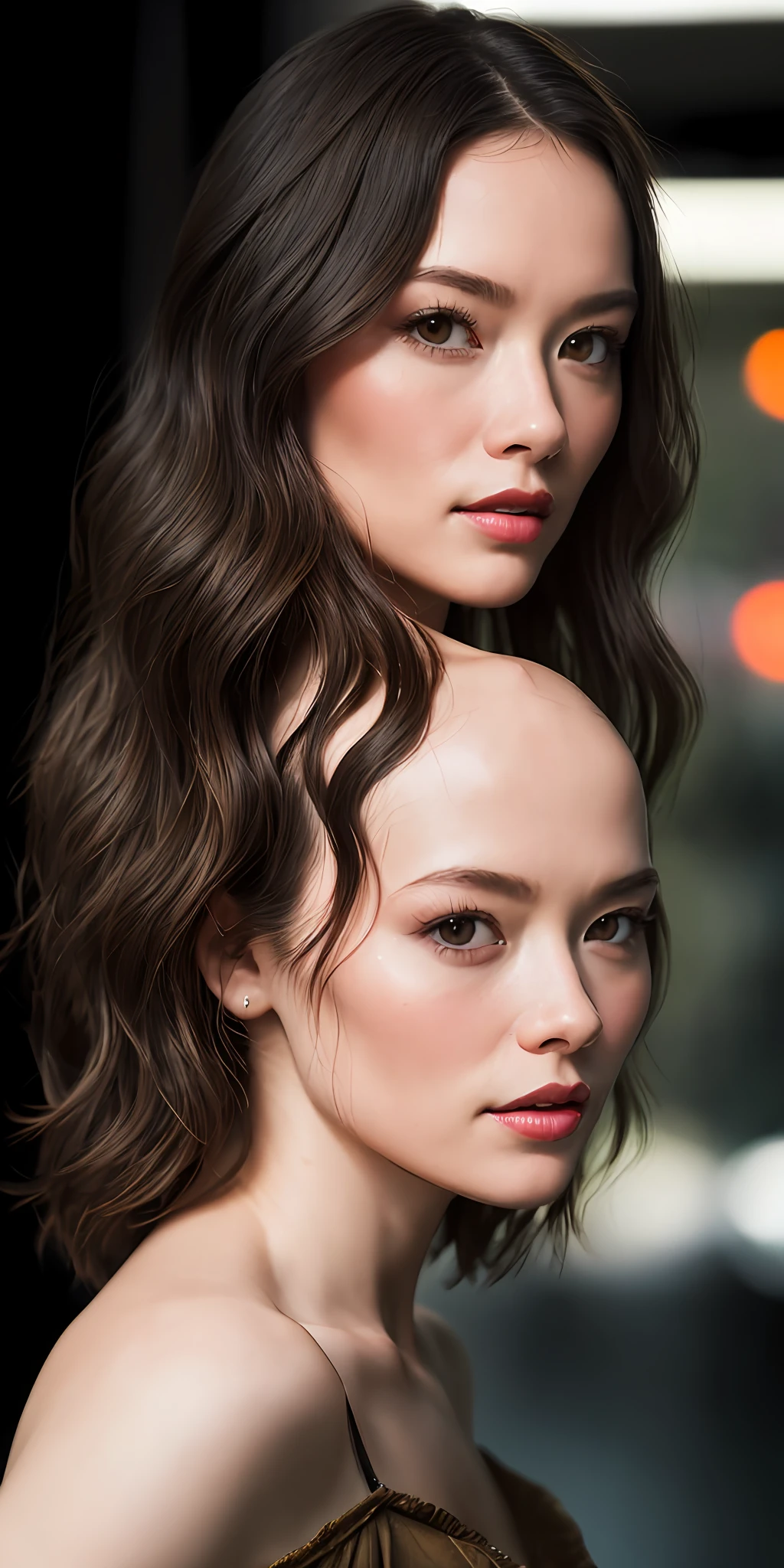 Full face portrait photo of 25 year old European girl, RAW, beautiful woman, semi-open strawberry lip, dimples, wistful expression, (brown hair with extra long wavy), ((detailed face)), ((detailed facial features)), (fine detailed skin), pale skin, cyberpunk megacity environment, (cool color), moist, damp, reflection, (masterpieceShot with Canon EOS R5 (detail) (Realistic photos) (Detailed details) 50mm lens, f/2.8, HDR, (8k) (wallpaper) (cinematic lighting) (dramatic lighting) (sharp focus) (complex), RAW photography, RAW photography, gigachad photography, camera pose, black jeans, back arm, 8k uhd, dslr, high quality, Grain Film, Fujifilm XT3, Film Stock Photo 4 Kodak Portra 400 Camera F1.6 Lens Rich colors Ultra-realistic textures Dramatic lighting Unreal Engine Art Station Trends Cinestill 800 Tungsten, Toughboy Style, Ultra Focus Face, Intimidating, Fighting Position, Short Messy Hair, Muscles, Bursting Veins, Beads, (( off-shoulder crop top)),