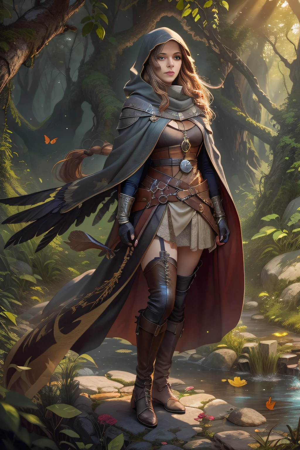 (Masterpiece, Best quality), Photorealistic rendering, Game CG Movie, Abstract colorful painting style, 1 girl, Sexy figure, freckle, sexyposture, Whitebait tail braid, Solo, (full body:0.6), Detailed background, Detailed face, (Stone theme:1. 1) hawk, Falcon gloves, Slight smile, medieval fantasy, alta fantasia, Brown leather clothing, Cloak, Hood, Portate, belt, belt, an enchanted forest, bushes, vines, Rocks, Lake, (style-swampmagic:0.4), roots, Leaves, ferns, (Butterflies:0.9), feater, Wildlife, Sunlight