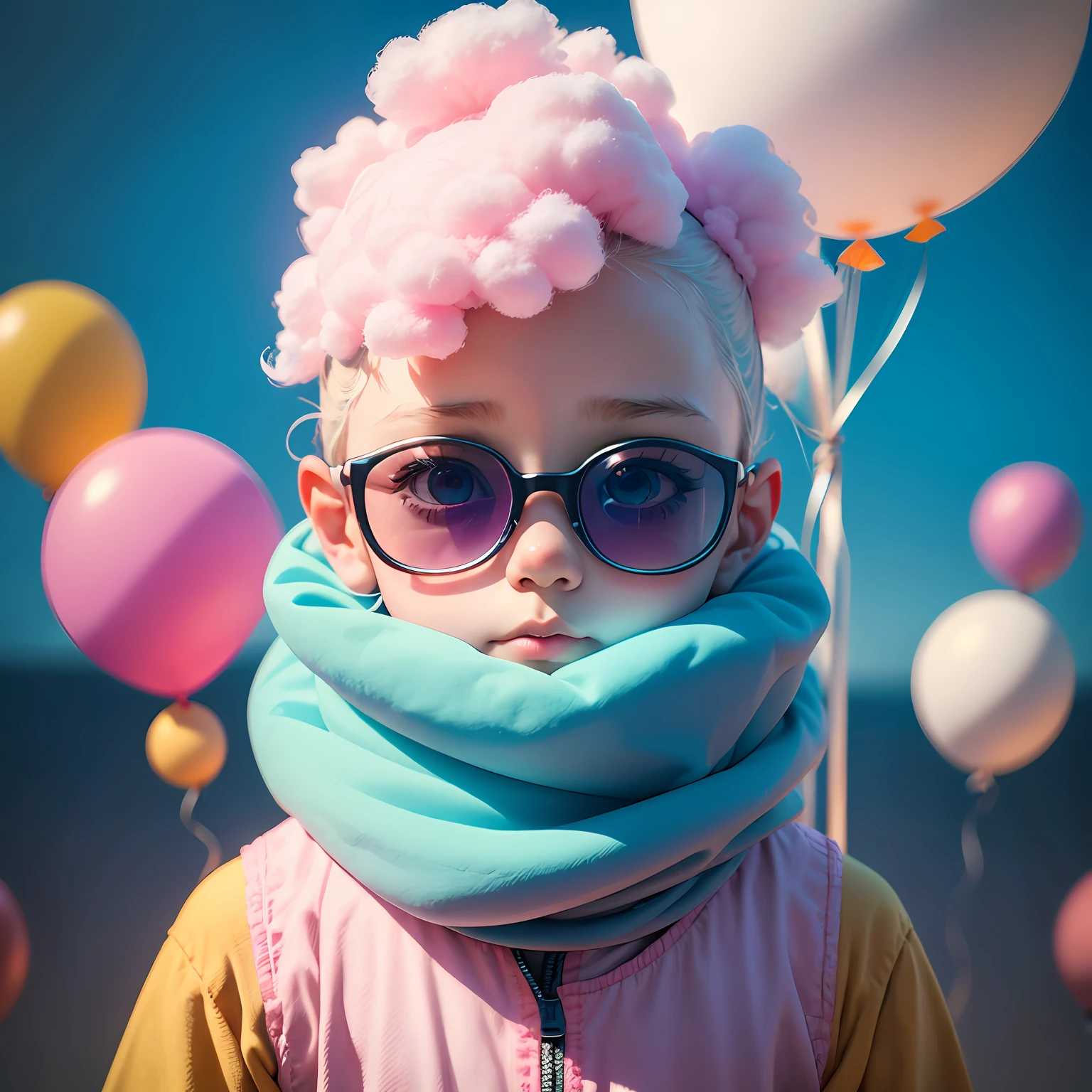 The cute child's head is exposed, orthofacial，and toys, cotton candy, Fish, balloons, Hamburg sunglasses, Blocks and other bright colors, Gradient background, The head is on top, Positive look, Stereofuturism, Giant toy sculpture, Escultura, ceramics, Clay, dinosaurs，High quality, super detailing， --auto