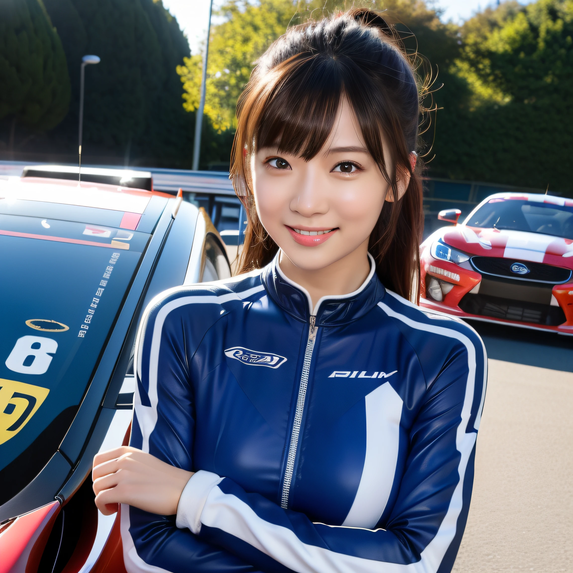8K, masterpiece, best quality, photorealistic, ultra-detailed, 1 girl, Asian, athletic body, realistic skin texture, (breasts:1.0), (smile:1.0), gaze at viewer, (form fitting car racing suit), (no helmet), movie lighting, face focus, fine eyes, detailed face, well lit face, day light, red and blue racing cars in background