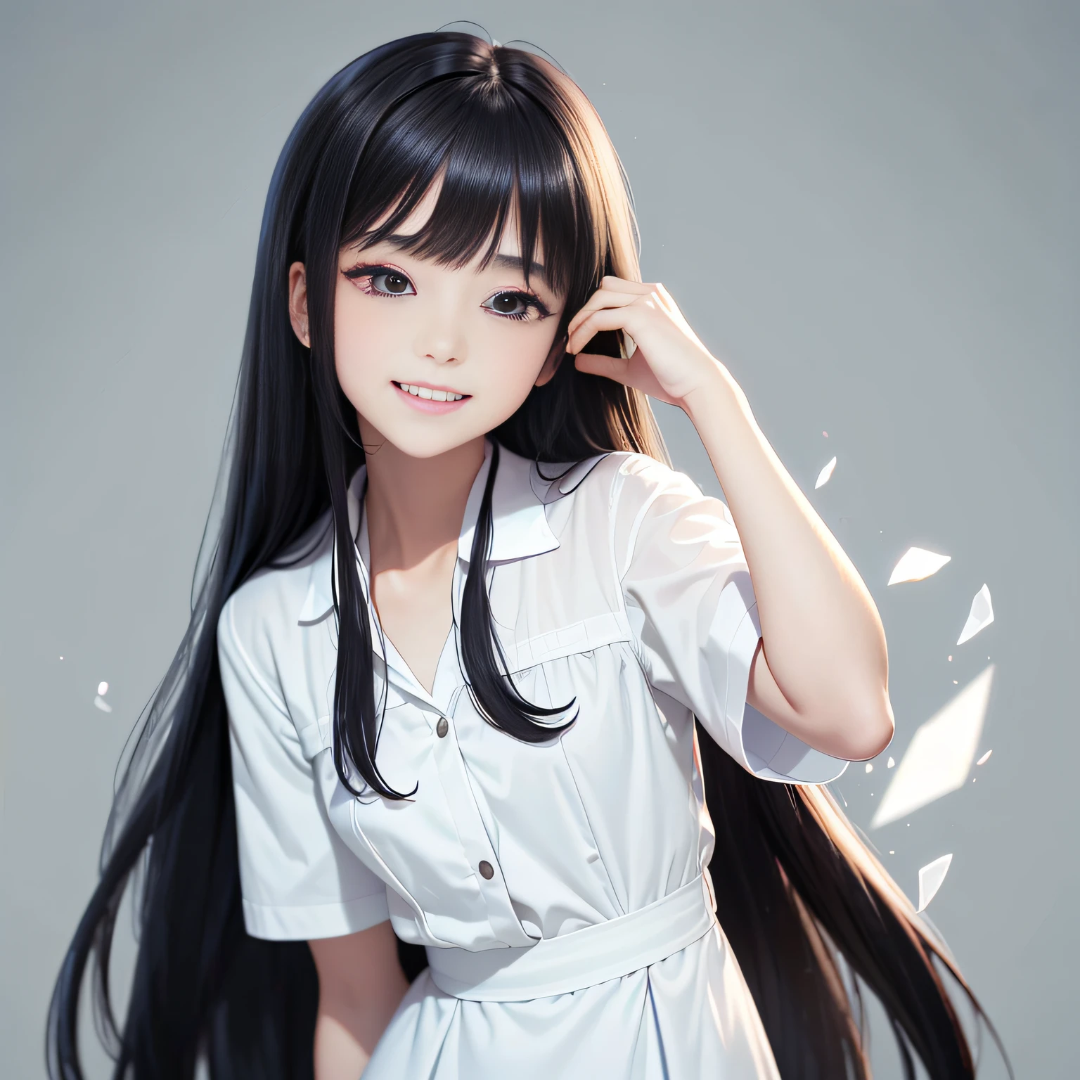schoolgirls，Neat teeth，Long black hair，Softens hair，White dress pure --auto