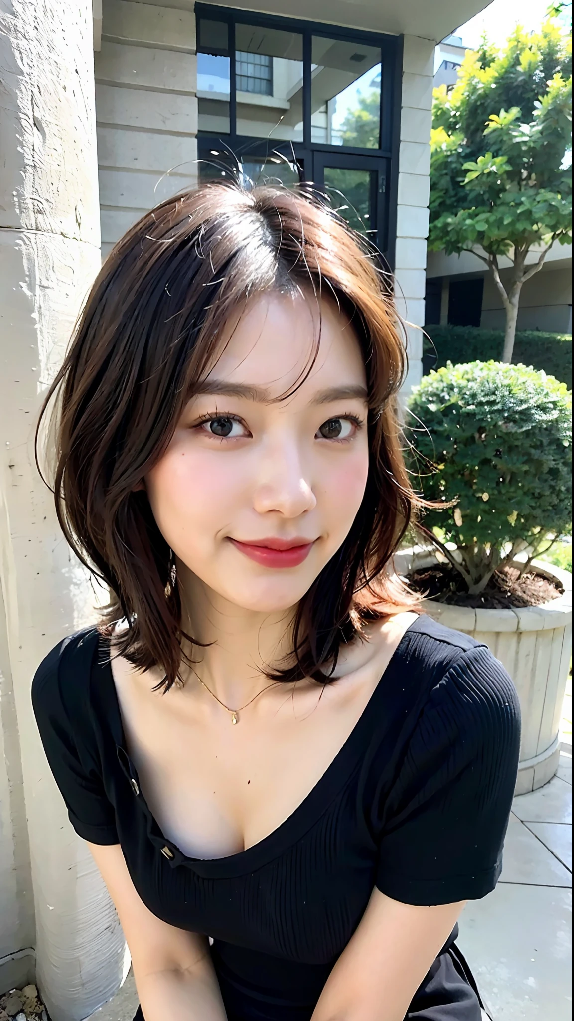 (top-quality、8K、32K、masterpiece、nffsw:1.2)、Cute Japan pictures of married girls、18year old、short-hair、A smile、beauitful face、(Slouched:1.3)、crouching down、(From above:1.2)、(a closeup:1.4)、POV、large full breasts、(beautiful nipple slips:0.9)、outside of house、the wind、shinny skin、blurry backround、