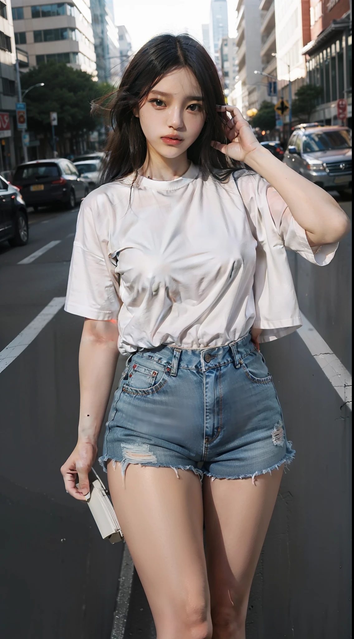 Arapei woman in street shooting, sexy, white western shirt, sexy shirt, skinny, jeans, shorts, 2 2 years old, thicc, she is about 26 years old, height 170 cm, Korean, delicate face, realistic,