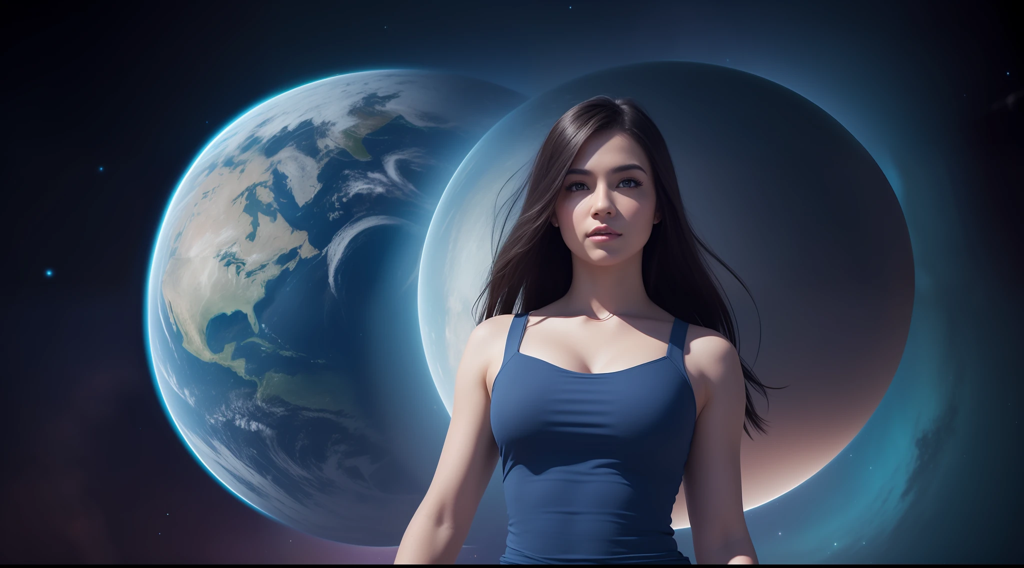 Realistic lighting, Best quality, 8K, Masterpiece: 1.3)), generate a majestic female goddess representing the zodiac sign libra, blue attire, black hair, standing on a planet with a swirl of air around her, libra background