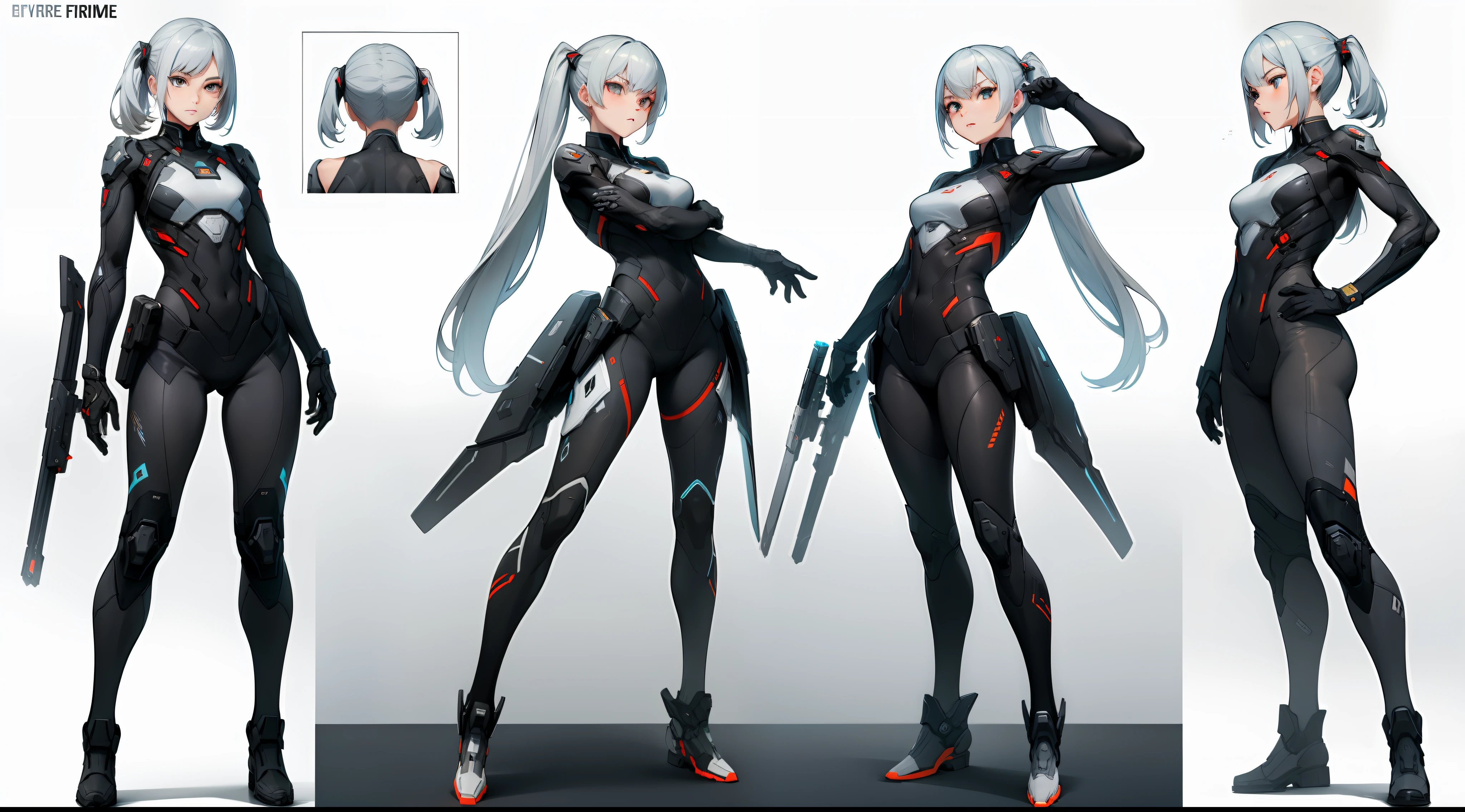 with a pure white background。Three View，Gray hair，Sci-fi Warframe，Bullet and gun decoration at the waist，A young female model on the left poses in a fighting pose，The middle one stands upright，One left view on the right，The rightmost rear view，highly  detailed，full bodyesbian，Whole body diagram