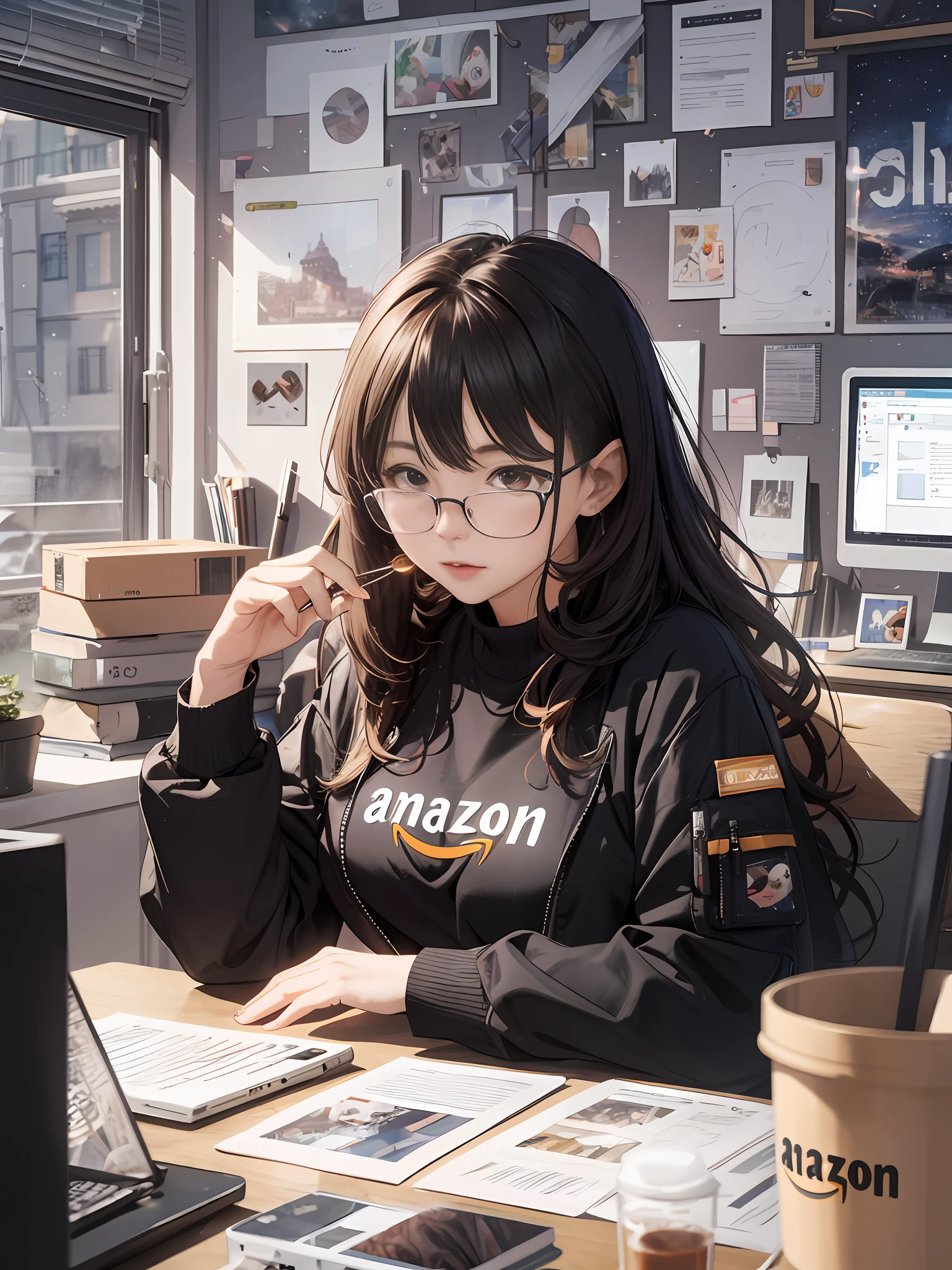 In the background, Her imaginary world is chaotic, Space, etc., Amazon, shopping, sweets, Animals, And love.、Graphic designer woman sitting at desk in front of computer