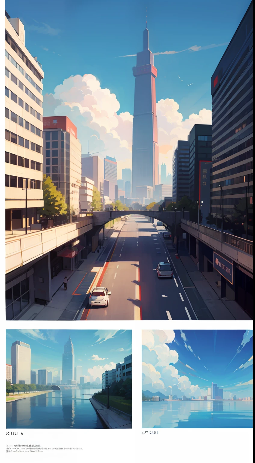 City view,skyscrapper,with blue sky and white clouds, CITIC Tower,CCTV Building,concept art by Kamisaka Sekka, Pisif, Sots Art, ace attorney style, rimuru and milim, puce and vermillion, offcial art, vermillion and cyan, digital art from danganronpa, clean backdrop,official character art