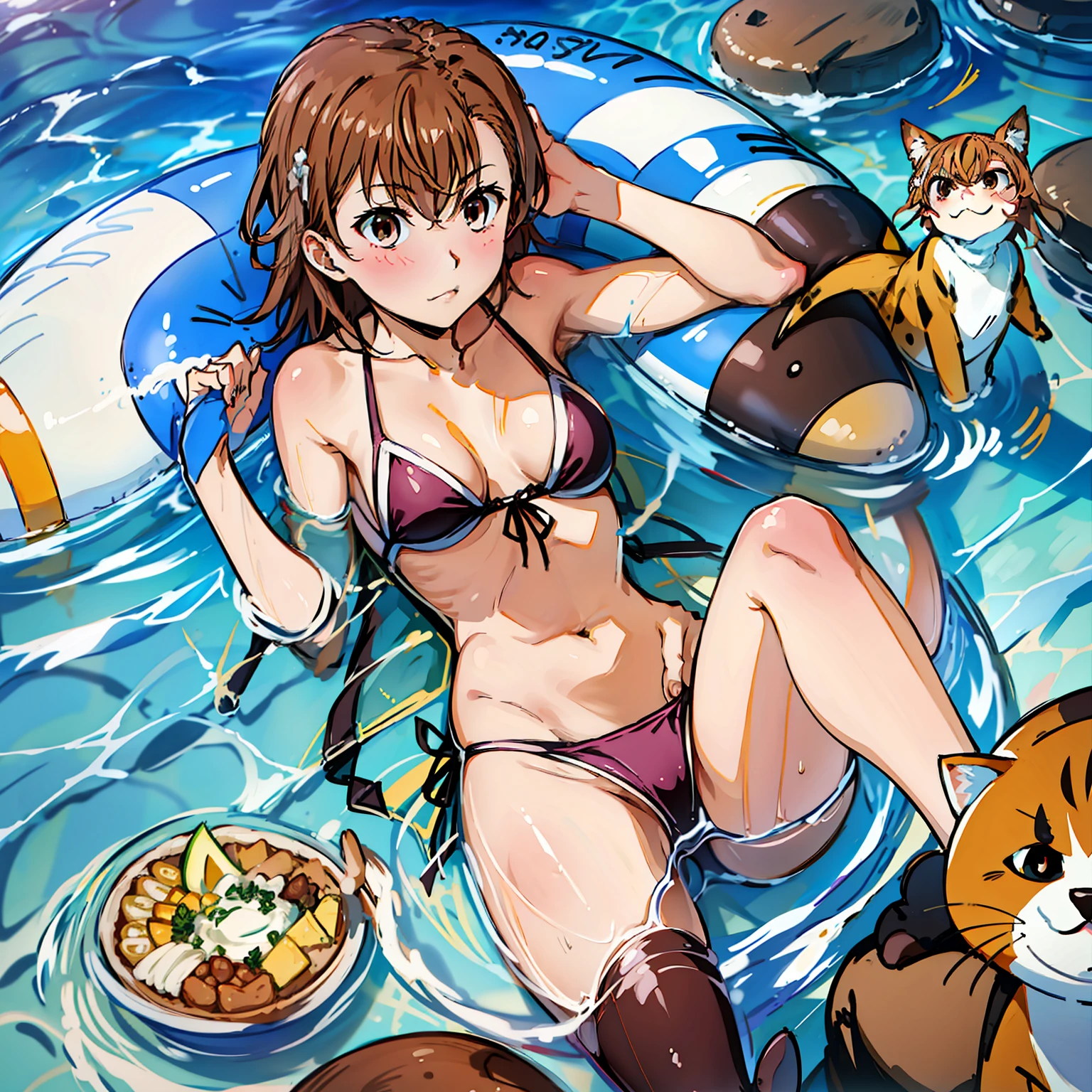 1girl, solamente, Misaka Mikoto, pelo corto, brown hair, brown eyes, orejas falsas animal, Orejas de gato, sonrojarse, bikini, bragas, swimming suit, de pie, bragas, inclinado adelante, cuerpo completo, de pie frenta a un fondo blanco, loli,