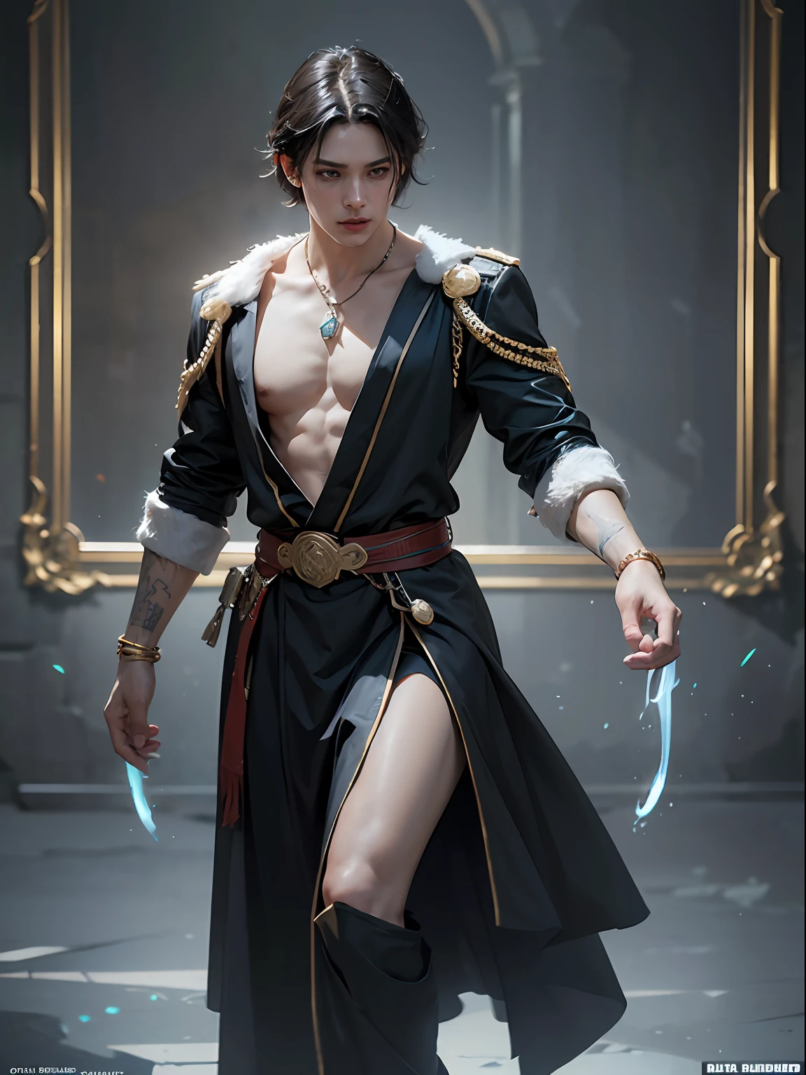 (More than half body) (dancing in a royal party)(tranquil but cold), 1man, God of Frost, king, solo focus, adult, pale and young adult face, short black hair, black silk robe with golden lining, realistic, dynamic pose, realistic, detailed and correct facial structure, blades ornaments, LEON S. KENNEDY, handsome, attractive, slightly muscular, cinematic lighting, unreal engine, trending on ArtStation, intricate details,  masterpiece, best quality, by Irakli Nadar, Greg Rutkowski，(((best quality))),(((ultra detailed))),(((masterpiece)))