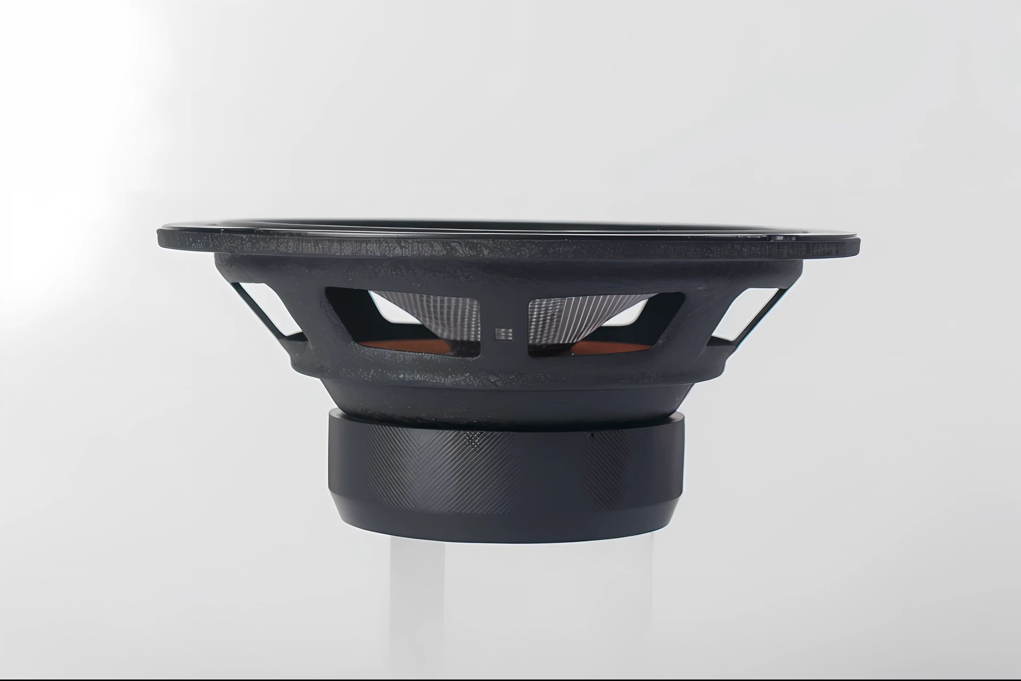 There is a black speaker,Metal cover on white background, front left speaker, high detail product photo, product introduction photos, 35 mm product photo”, detailed product image, high quality product photo, Product photo, speakers, Subwoofer, textured base ; product image, highly detailed product photo, product image, close-up product photo, product image