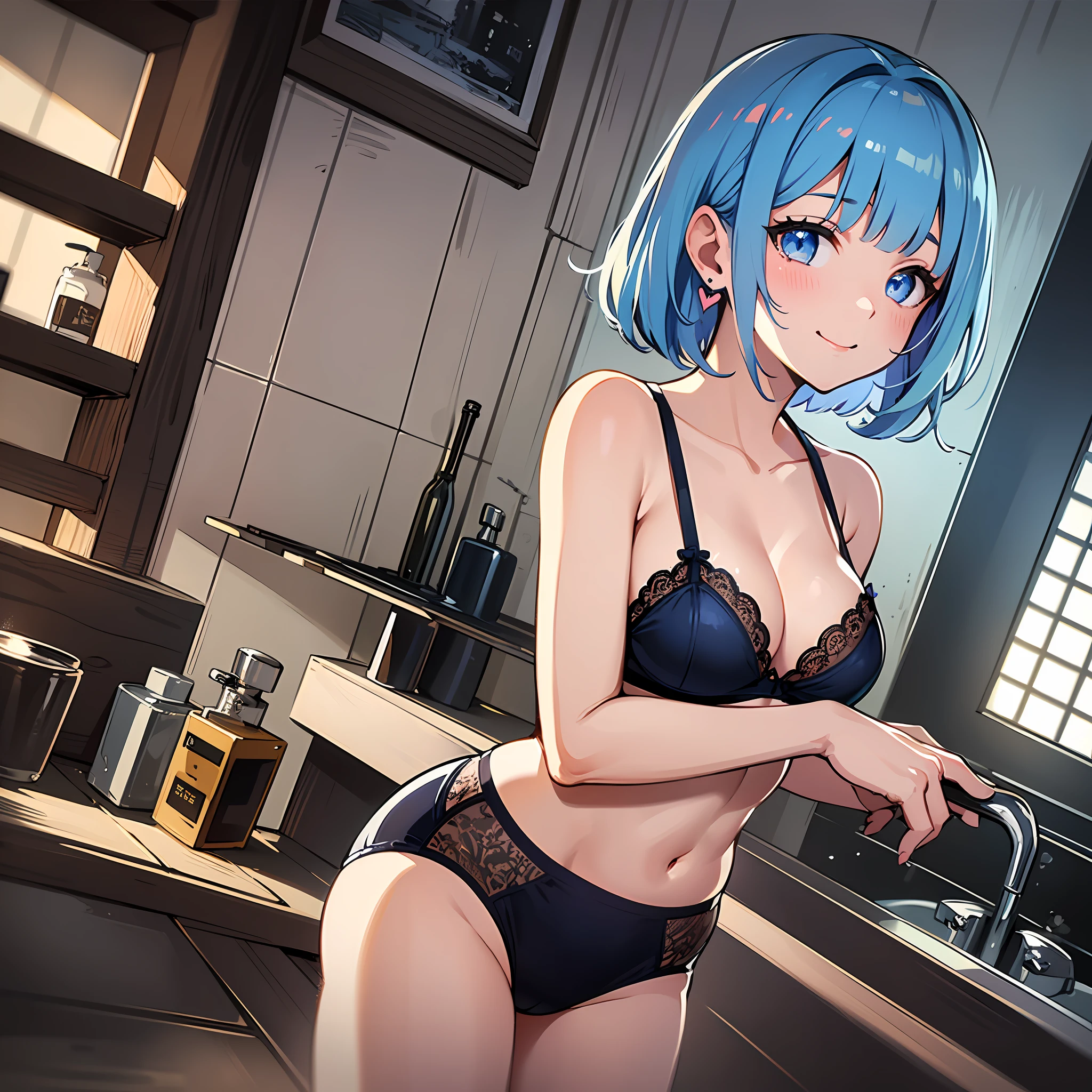 (masterpiece:1.3), (best quality:1.3), high resolution, 


dutch angle, overlook view, couboy shot, 
breast squeeze, body facing forward, standing, 

(one cute girl:1.3), solo, 
white skin, small Breast, eight-headed person, 
light blue hair, (bobbed hair:1.2), (short hair:1.2), (blunt bangs:1.2), beautiful hair, blue eyes, beautiful detailed eyes, 

heart, cheerful smile, 

underwear, earrings, 

indoors, bath, 

shadowlighting,
