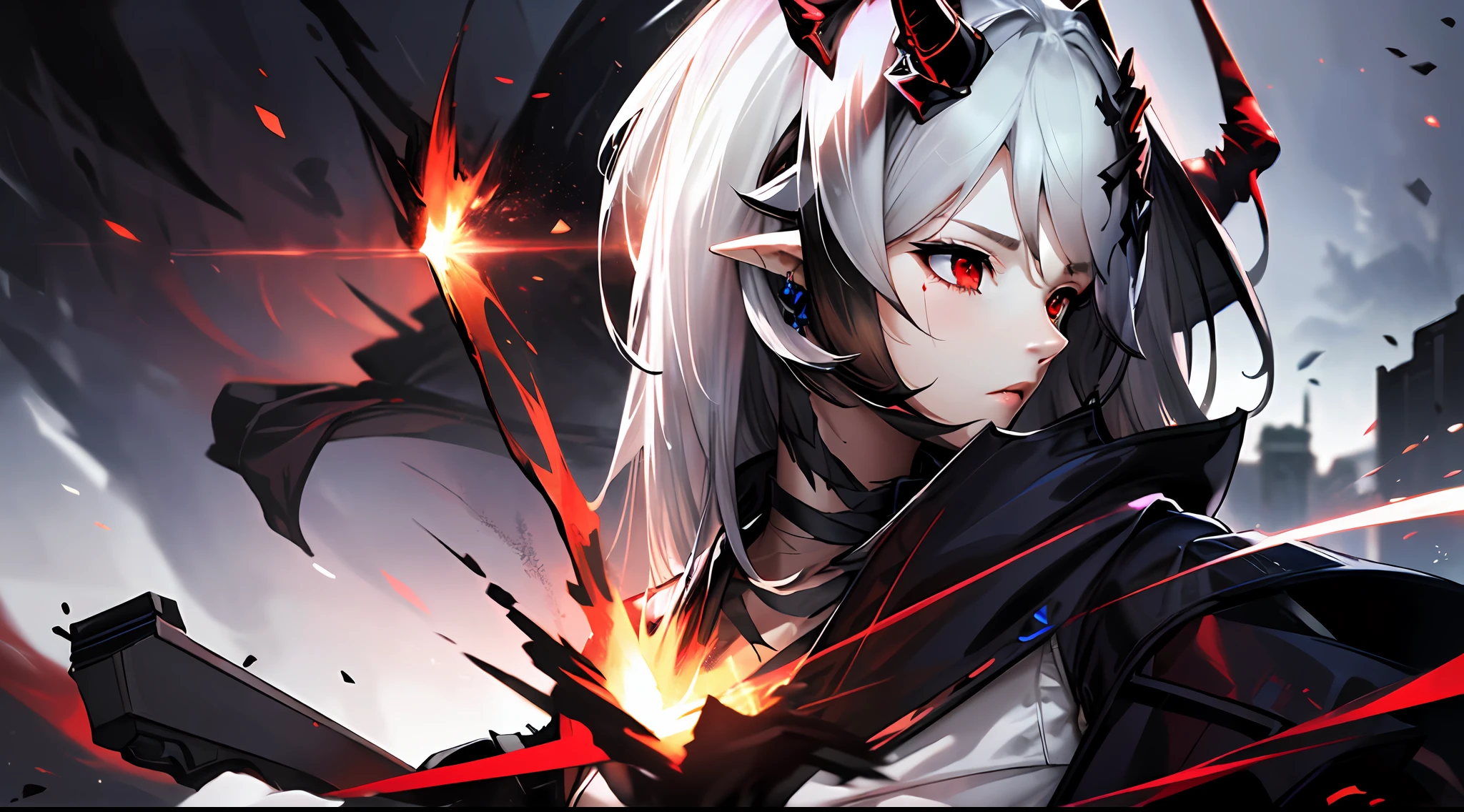 (Dynamic angle, upper body,Battlefield, artillery fire, ruins, ashes, lightning effects and Flame particle effect:1.2),(floating and spread hair:1.2), (detailed and delicate and flexible eyes),(1girl,solo,arm, oripathy lesion (arknights),splash ink,angry.open_mouth,shout,white hair,red eyes, hair ornament, pointy ears,oripathy lesion (arknights), infection monitor (arknights),black horns,Clothes are damaged,Injuries, abrasions:1.2),mudrock (arknights), (corrpution,cowboyshot:1.15), kda, fov,f/1.8, side lighting, sunlight on people (masterpiece, best quality, Ultra Detail, wallpaper, detailed shiny skin, flawless, 8k, RAW, highres,absurdres,:1.3), (detailed super oily shiny skin:1.1),[wet:0.8|mucus], colorful, power scene,(imid shot:0.95),