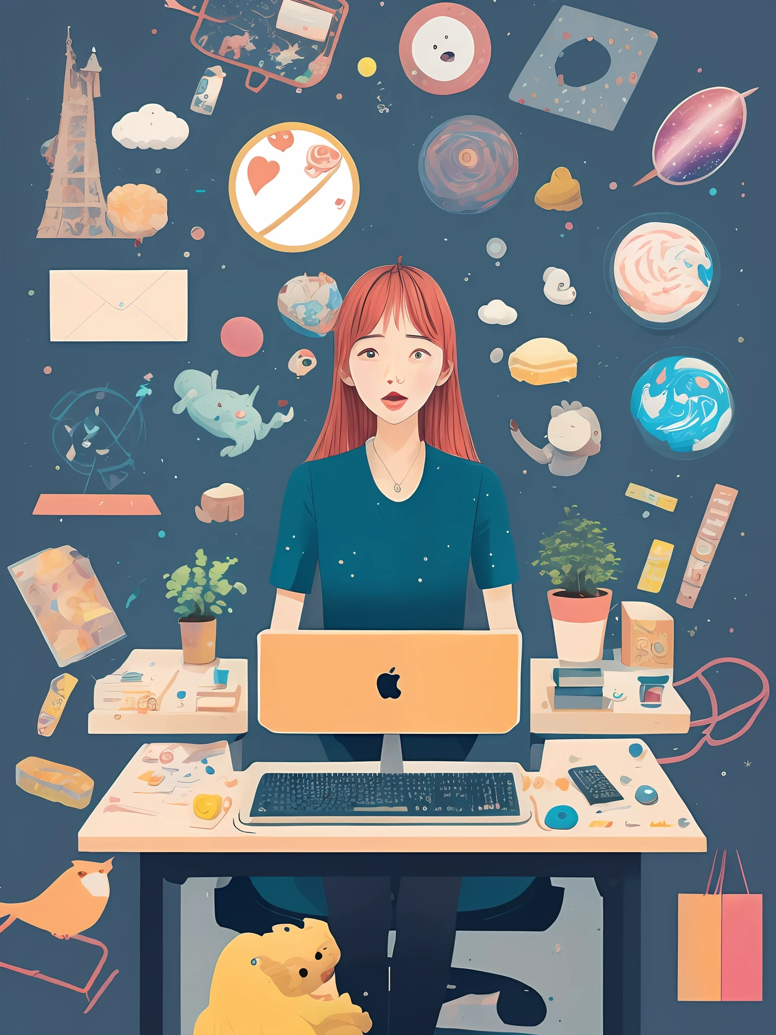 In the background, her imaginary world is chaotic, such as space, Amazon, shopping, sweets, animals, and love.、Graphic designer woman sitting at desk in front of computer