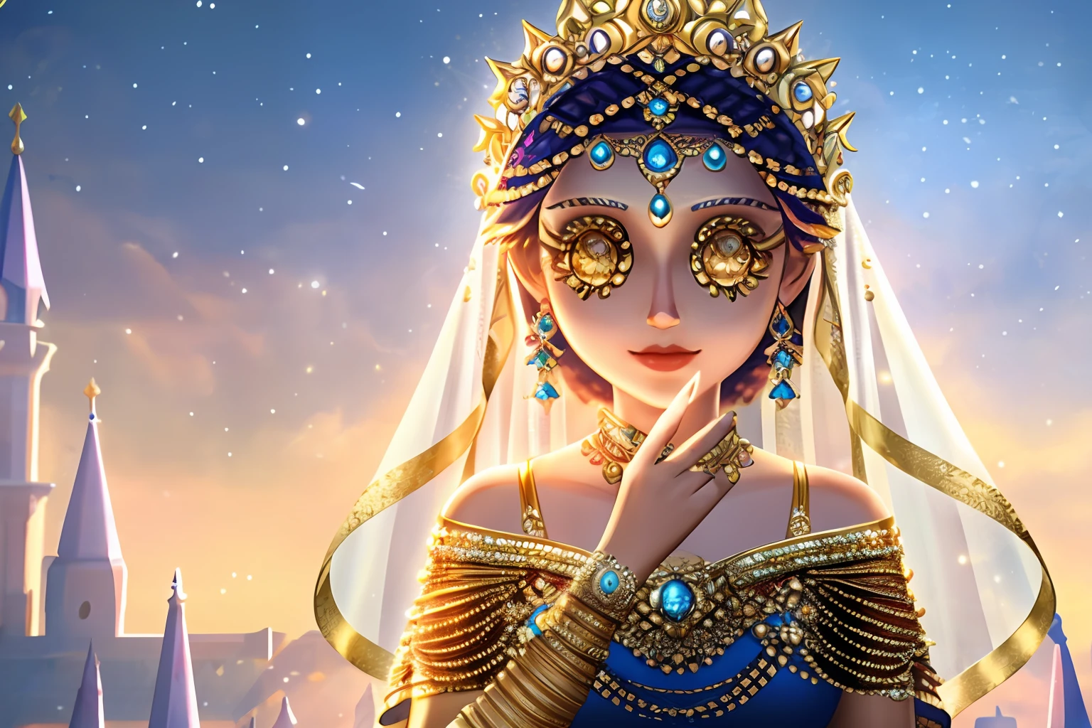 dentity v, multiple girls, upper body, extremely detailed CG unity 8k wallpaper, masterpiece, best quality, colorful, 8k, detailed background, shadow, modelshoot style, ultra quality, day, veil, vera nair, royal, royal dress, golden bracelet, goddess, europe