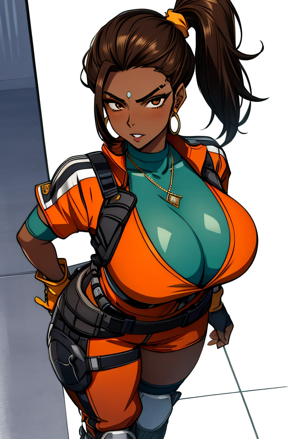 (masterpiece, best quality), intricate details, 1girl, Rampart, dark skin, forehead jewel, nose piercing, side ponytail, brown hair, jewelry, orange jumpsuit with white stripes, knee pads , right glove, green top, left arm tattoo, huge breasts, cleavage, gigantic breasts, massive breasts, hyper breasts, flirty, thick thighs, lips, looking at viewer, seductive, wide hips