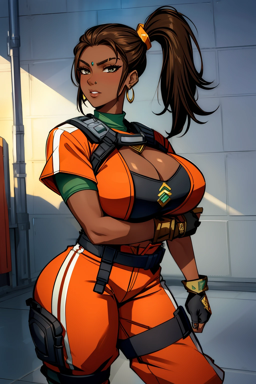 (masterpiece, best quality), intricate details, 1girl, Rampart, dark skin, forehead jewel, nose piercing, side ponytail, brown hair, jewelry, orange jumpsuit with white stripes, knee pads , right glove, green top, left arm tattoo, huge breasts, cleavage, gigantic breasts, massive breasts, hyper breasts, flirty, thick thighs, lips, looking at viewer, seductive, wide hips, side view