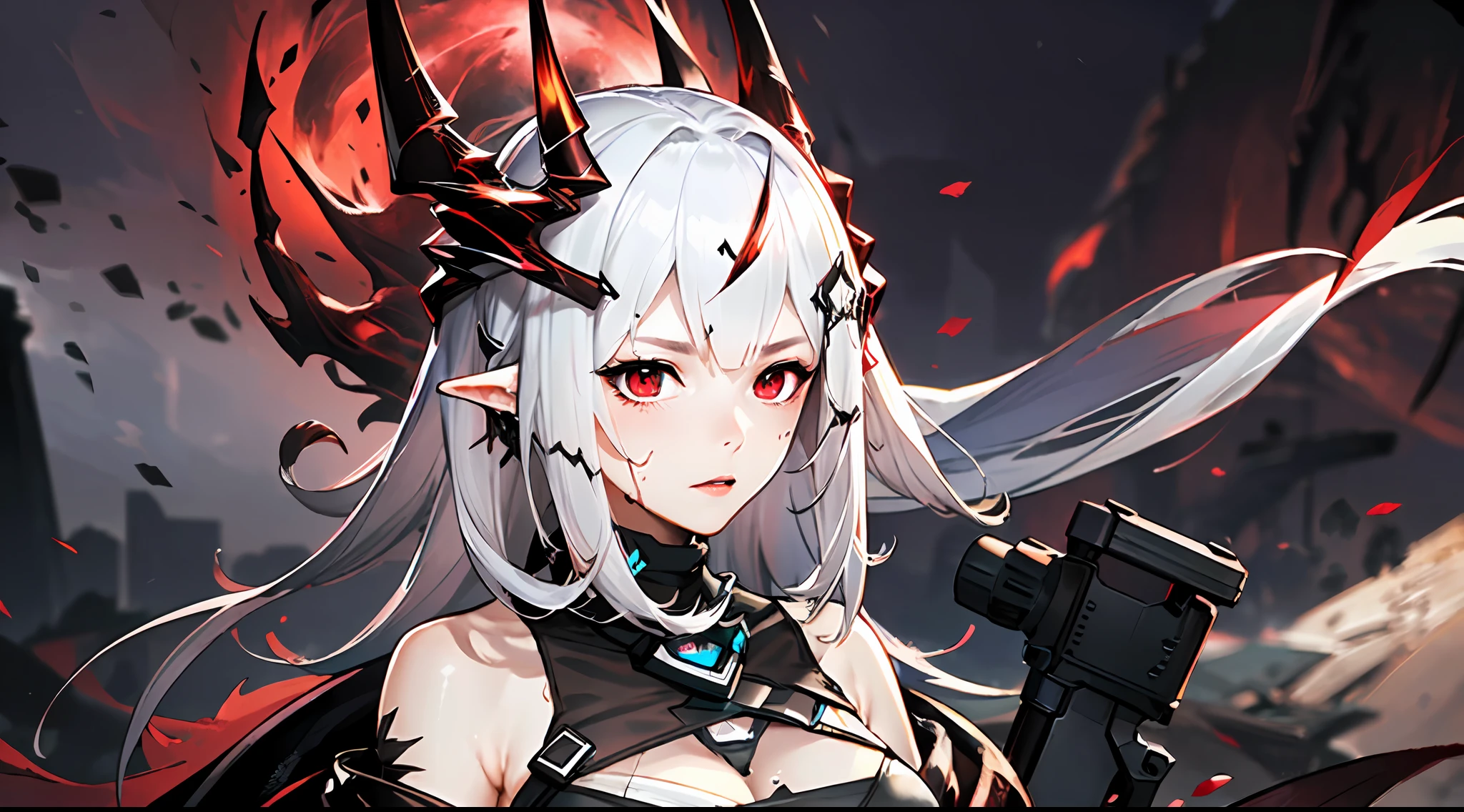 (Dynamic angle, upper body,Battlefield, artillery fire, ruins, ashes, lightning effects and Flame particle effect:1.2),(floating and spread hair:1.2), (detailed and delicate and flexible eyes),(1girl,solo,arm, oripathy lesion (arknights),splash ink,angry.open_mouth,shout,white hair,red eyes, hair ornament, pointy ears,oripathy lesion (arknights), infection monitor (arknights),black horns,Clothes are damaged,Injuries, abrasions:1.2),mudrock (arknights), (corrpution,cowboyshot:1.15), kda, fov,f/1.8, side lighting, sunlight on people (masterpiece, best quality, Ultra Detail, wallpaper, detailed shiny skin, flawless, 8k, RAW, highres,absurdres,:1.3), (detailed super oily shiny skin:1.1),[wet:0.8|mucus], colorful, power scene,(imid shot:0.95),