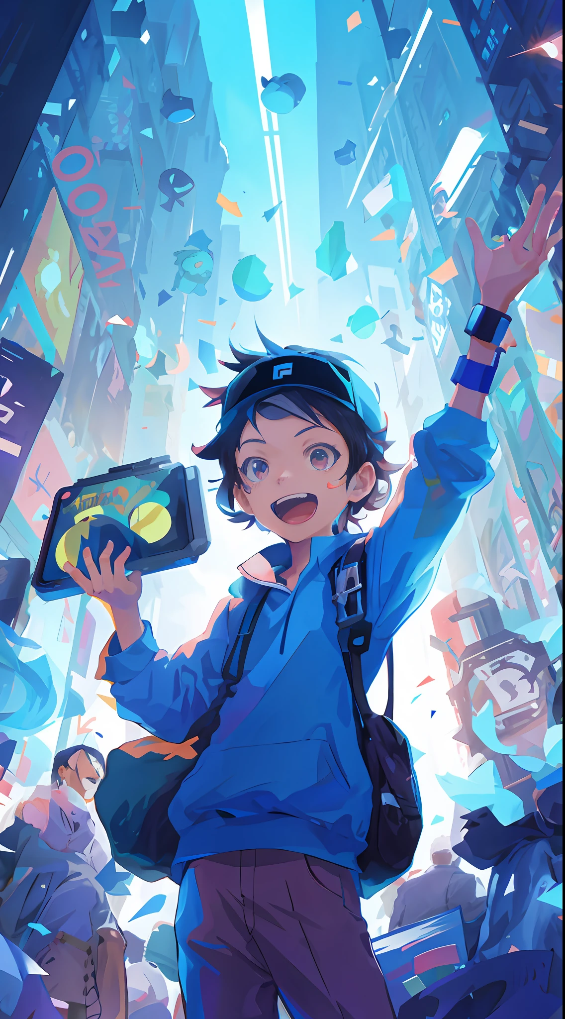 Anime boy holding up cell phone in crowded city, 2 d anime style, hero 2 d fanart artsation, Official artwork, Safebooru anime image, digimon key art, offcial art, 2d art cover, high detailed official artwork, digimon anime key art, 2D game fanart, nintendo game art, Official anime artwork, in the style of sachin teng