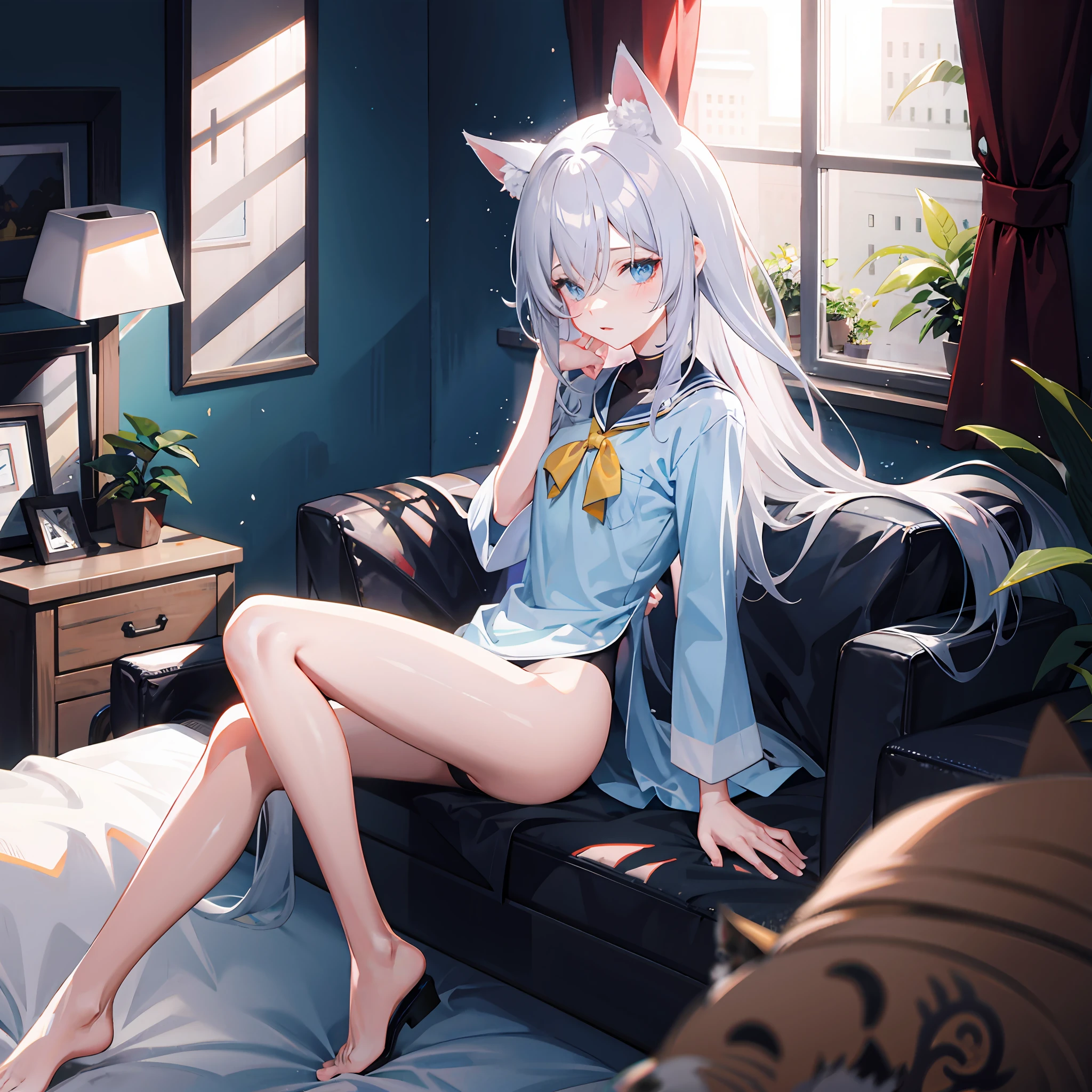 masutepiece,Best Quality,ultra-detailliert,Two hands,Two legs,Five Fingers,best faces,1 girl,Blue Long Hair,timid,Cat ears,pale blue eyes, Height 145cm,small tits,Big shirt,Yawn, Stretch your body,Close one eye,Teary-eyed, Sit on the bed,light coming through the window,Cat tail in the ass,Infant face