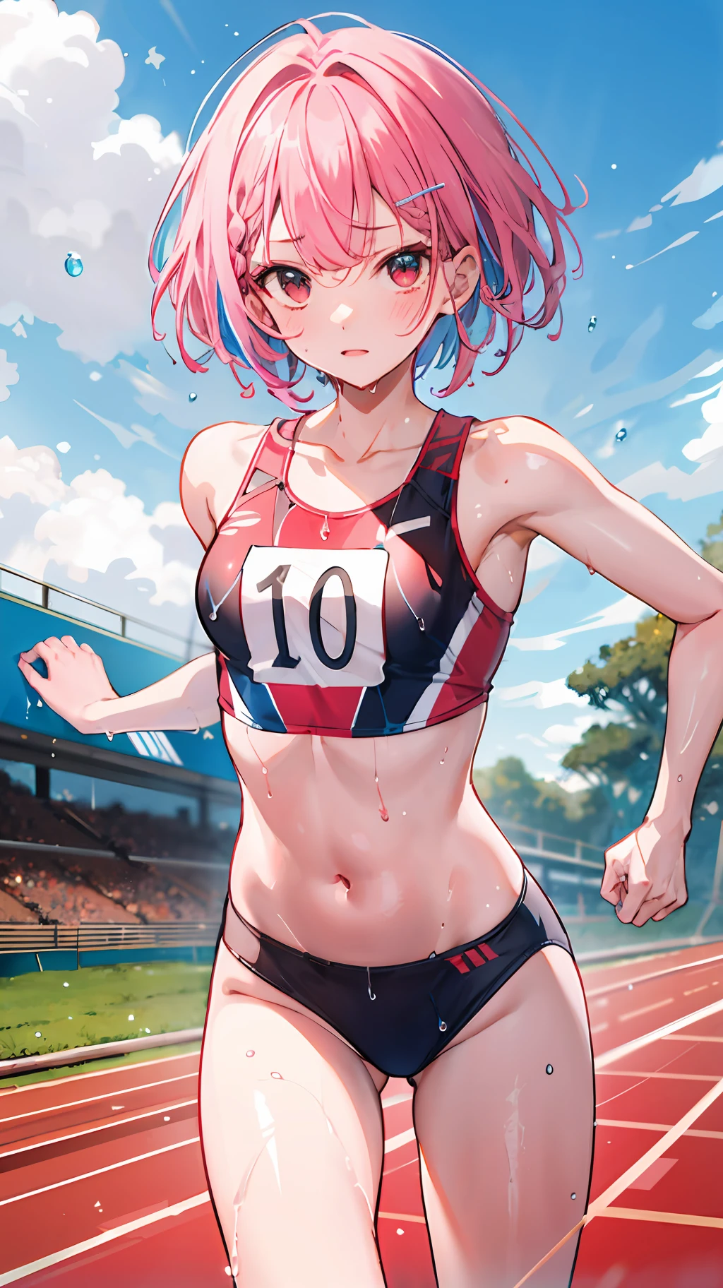 masterpiece, best quality, high resolution, ultra-detailed,,perfect face,slender perfect body, Tight belly,Toned buttocks,Constricted waist,1girl, ****,(pink:-1.5) (blue:-1.5) hair, (braided short hair), shy daughter, short stature, small tits,flom track and field, (running wear),(((running))), small tits, topless,(((stand up,hairless panties show off, panties,focus, looking at viewer, (wet:1.2) hair and skin, detailed,((Men\\\\\\\\