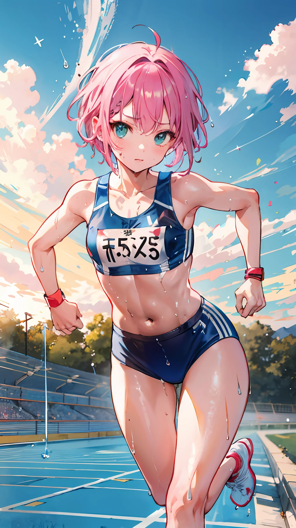 masterpiece, best quality, high resolution, ultra-detailed,,perfect face,slender perfect body, Tight belly,Toned buttocks,Constricted waist,1girl, ****,(pink:-1.5) (blue:-1.5) hair, (braided short hair), shy daughter, short stature, small tits,flom track and field, (running wear),(((running))), small tits, topless,(((stand up,hairless panties show off, panties,focus, looking at viewer, (wet:1.2) hair and skin, detailed,((Men\\\\\\\\