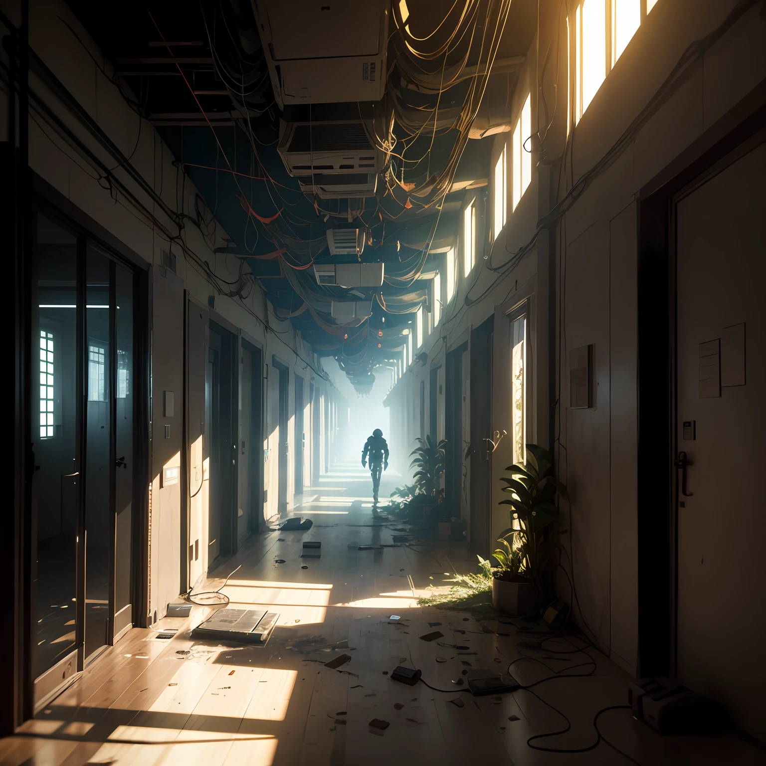 destroyed servers, partially working computers,rooms,dangling wires, Darkness at the end of the corridor, Plants hanging from above, Semi-disassembled robot lying on the floor --auto