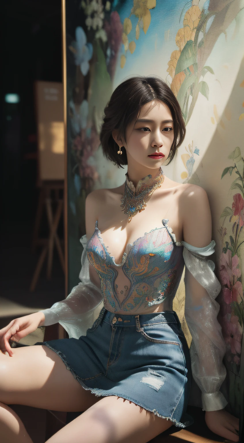 (Masterpiece, absurderes, Highly detailed:1.3), dream-state, Digital painting beauty, (Sitting, mature, Slim, Slender,) view the viewer, (Masterpiece), (Best quality:1.2), absurderes, Intricate details, skin indentation, cleavage, Huge breasts, (Highly detailed skin:1.2), (author：Alphonse Mucha Echo Chernik Megan Laura Cho Bingqiang), Sharp focus, Soft and colorful, Centered, symetry, picure, Intricate, voluminetric lighting, Beautiful, rich deep color, Ultra detailed, Digital painting, Mysterious magic, Focused, lush colors, Canon Eos 5d Mark IV and Fujifilm Superia X-TRA 400 film, (Extremely detailed oil painting:1.2), Glow effects, godrays, handpainted, Renders, 8K, rendering by octane, 4 d cinema, blender, Dark, Ultra-refined atmospheric 4K, cinematic sensual, Sharp focus, humorous illustration, great depth of field, Masterpiece, colours, 3d octane render, 4K, concept-art, trending on artstationh, Hyperrealistic, Vivid colors, Extremely detailed CG unified 8K wallpapers, trending on artstationh, trending on CGSociety, Intricate, High detail, Dramatic，1girll，Street photography，short denim skirt，（full bodyesbian：1.5）