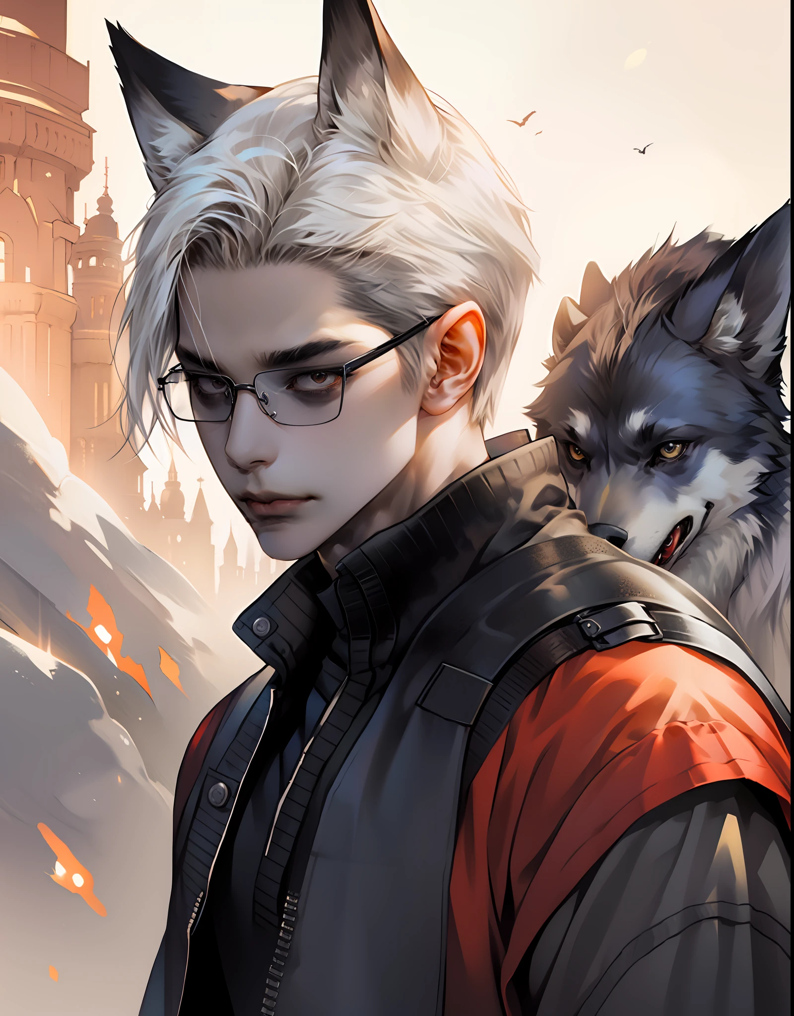 Anime - wear,Flared cap,There is also an image of boy-style glasses, Guviz-style artwork, Kawasi, Guviz, Guweiz in Pixiv ArtStation, Guweiz on ArtStation Pixiv,in an anime style, Digital anime illustration, Wolf ears, Detailed digital anime art, Detailed fanart