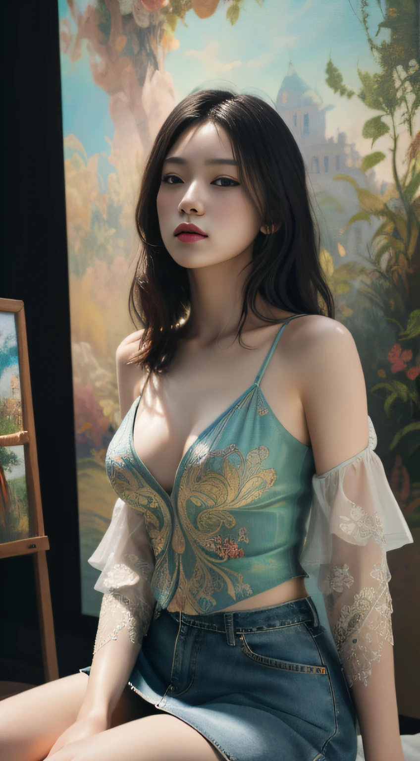 (Masterpiece, absurderes, Highly detailed:1.3), dream-state, Digital painting beauty, (Sitting, mature, Slim, Slender,) view the viewer, (Masterpiece), (Best quality:1.2), absurderes, Intricate details, skin indentation, cleavage, Huge breasts, (Highly detailed skin:1.2), (author：Alphonse Mucha Echo Chernik Megan Laura Cho Bingqiang), Sharp focus, Soft and colorful, Centered, symetry, picure, Intricate, voluminetric lighting, Beautiful, rich deep color, Ultra detailed, Digital painting, Mysterious magic, Focused, lush colors, Canon Eos 5d Mark IV and Fujifilm Superia X-TRA 400 film, (Extremely detailed oil painting:1.2), Glow effects, godrays, handpainted, Renders, 8K, rendering by octane, 4 d cinema, blender, Dark, Ultra-refined atmospheric 4K, cinematic sensual, Sharp focus, humorous illustration, great depth of field, Masterpiece, colours, 3d octane render, 4K, concept-art, trending on artstationh, Hyperrealistic, Vivid colors, Extremely detailed CG unified 8K wallpapers, trending on artstationh, trending on CGSociety, Intricate, High detail, Dramatic，1girll，Street photography，short denim skirt，（full bodyesbian：1.5）