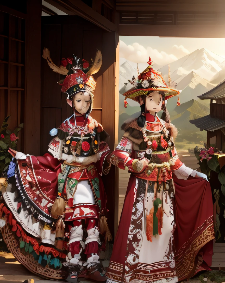 Children in Hmong costume in stilt building，Behind are the mountains in the distance --auto