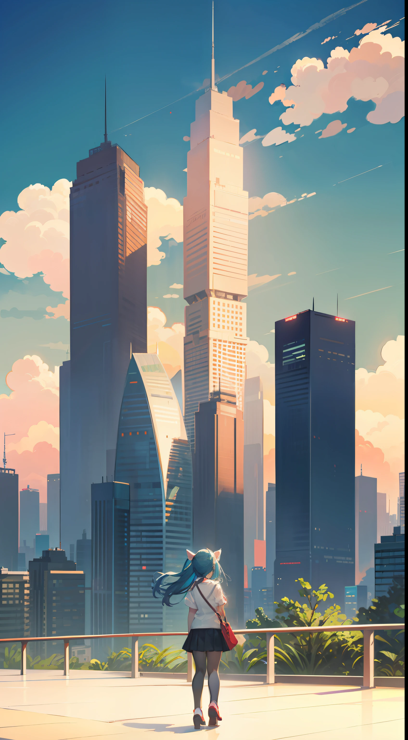 City view，skyscrapper，with blue sky and white clouds， CITIC Tower，CCTV Building，concept art by Kamisaka Sekka, Pisif, Sots Art, ace attorney style, rimuru and milim, puce and vermillion, offcial art, vermillion and cyan, digital art from danganronpa, clean backdrop，official character art