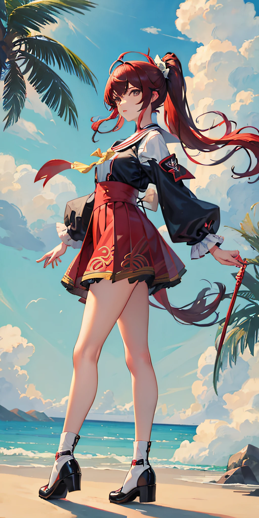 genshin impact,cloud girl,, portrait,1girl,school cloth, small breasts,palm tree, seafuku, red hair, double horse tail, masterpiece,best quality,full body,(detailed),Bright color,looking at viewer,Sideways,stand,mature female,graceful posture,ornate clothes,solo,revealing dress,Elegant,arms behind back,fluffy skirt,solo focus,jitome,black hair,high ponytail,winter clothes