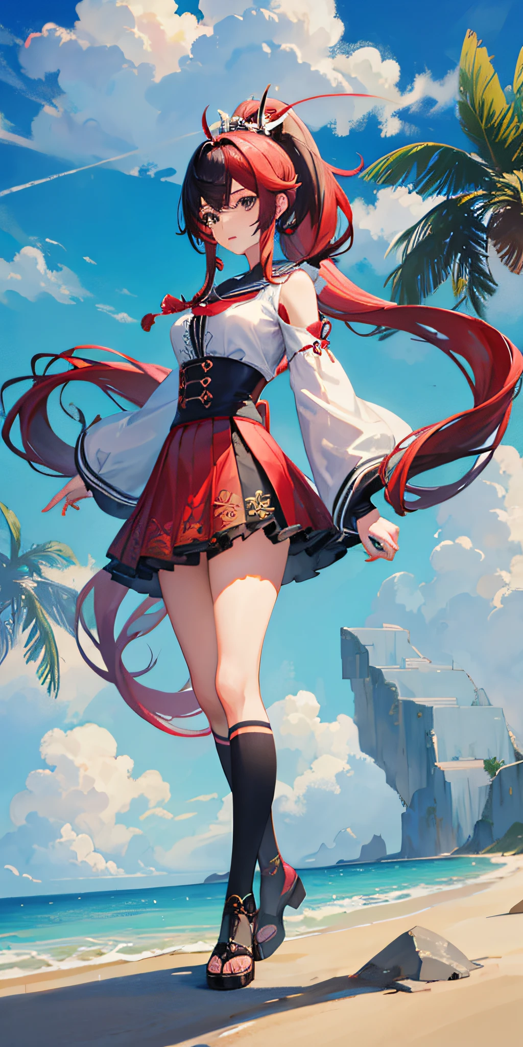 genshin impact,cloud girl,, portrait,1girl,school cloth, small breasts,palm tree, seafuku, red hair, double horse tail, masterpiece,best quality,full body,(detailed),Bright color,looking at viewer,Sideways,stand,mature female,graceful posture,ornate clothes,solo,revealing dress,Elegant,arms behind back,fluffy skirt,solo focus,jitome,black hair,high ponytail,winter clothes