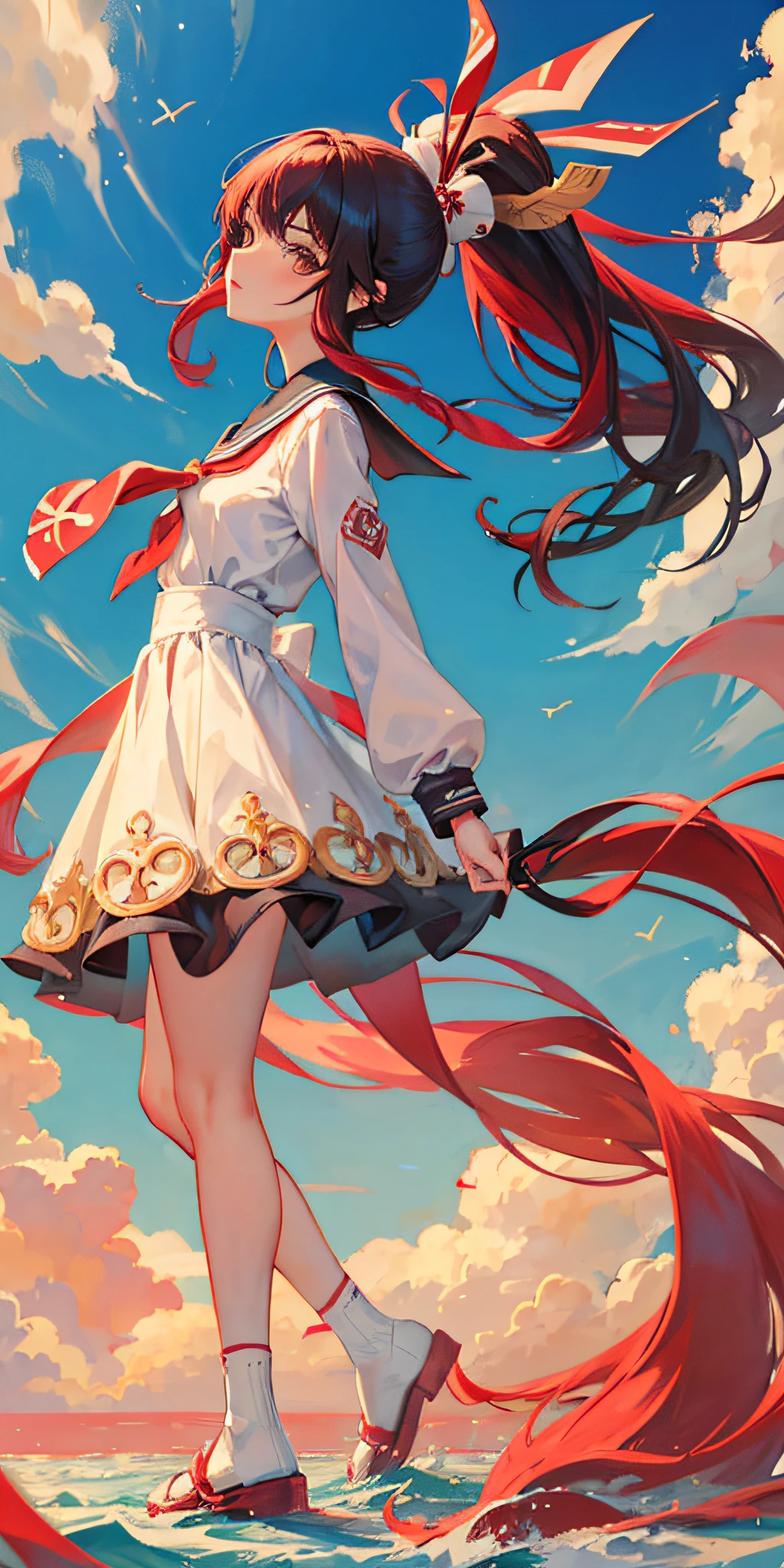 genshin impact,cloud girl,, portrait,1girl,school cloth, small breasts,palm tree, seafuku, red hair, double horse tail, masterpiece,best quality,full body,(detailed),Bright color,looking at viewer,Sideways,stand,mature female,graceful posture,ornate clothes,solo,revealing dress,Elegant,arms behind back,fluffy skirt,solo focus,jitome,black hair,high ponytail,winter clothes
