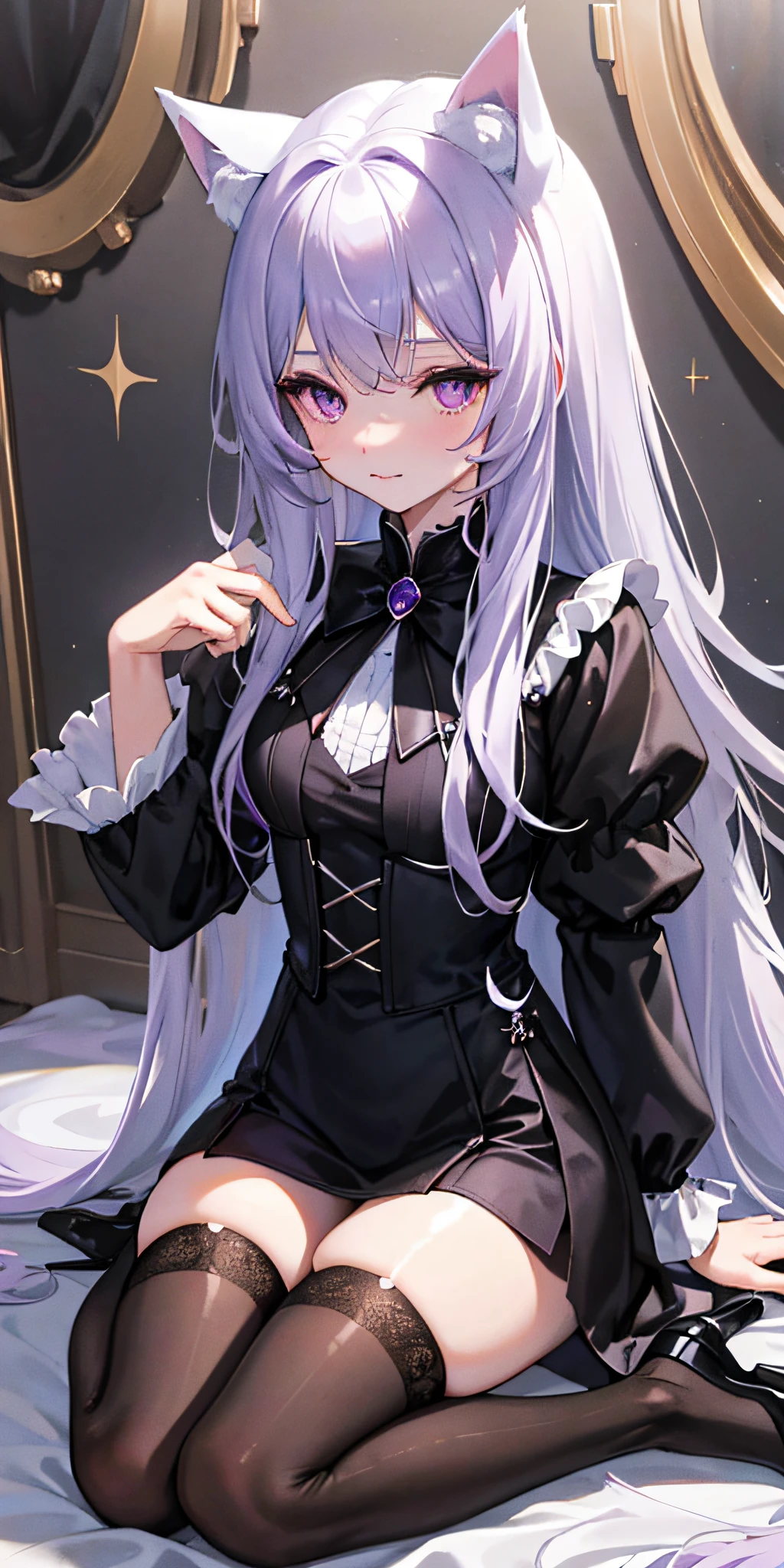 master piece<best quality,1girl,solo,(lady),cat ear,white long hair,:3,wariza,beautiful detailed black dress,black silk stockings,shade,shy face,purple eyes,sparkling eyes,waist robe