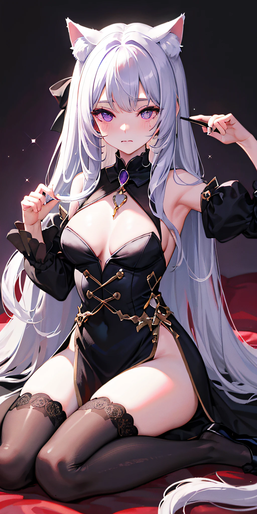 master piece<best quality,1girl,solo,(lady),cat ear,white long hair,:3,wariza,beautiful detailed black dress,black silk stockings,shade,shy face,purple eyes,sparkling eyes,waist robe
