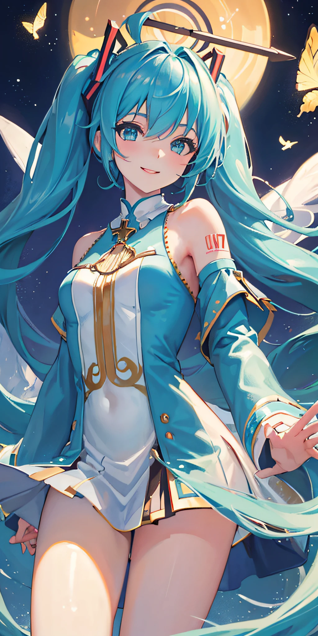 (((((best quality))))), ｛1 girl｝, ((masterpiece)), (highres), official art, ((((starsky))), ((((masterpiece))), (floating long hair, floating dress), ((( masterpiece, best quality, ultra-detailed)))), curely hair, ｛ (((miku)))｝, floating, skyline, silk dress, night, starsky, sky, butterfly, stars, dreamly, birds, shinning bits, from below, luminous geometry, smile, masterpiece