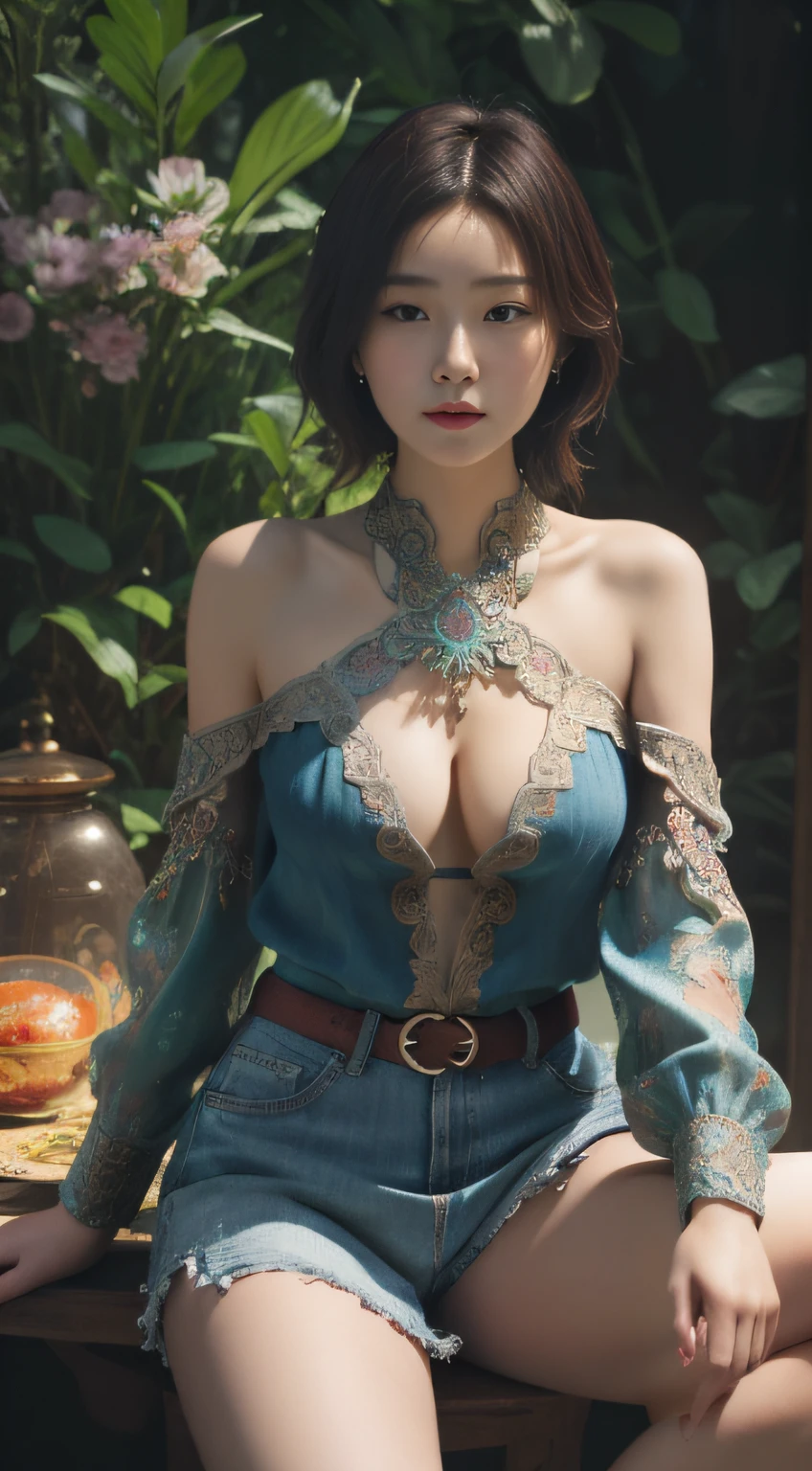 (Masterpiece, absurderes, Highly detailed:1.3), dream-state, Digital painting beauty, (Sitting, mature, Slim, Slender,) view the viewer, (Masterpiece), (Best quality:1.2), absurderes, Intricate details, skin indentation, cleavage, Huge breasts, (Highly detailed skin:1.2), (author:Alphonse Mucha Echo Chernik Megan Laura Cho Bingqiang), Sharp focus, Soft and colorful, Centered, symetry, picure, Intricate, voluminetric lighting, Beautiful, rich deep color, Ultra detailed, Digital painting, Mysterious magic, Focused, lush colors, Canon Eos 5d Mark IV and Fujifilm Superia X-TRA 400 film, (Extremely detailed oil painting:1.2), Glow effects, godrays, handpainted, Renders, 8K, rendering by octane, 4 d cinema, blender, Dark, Ultra-refined atmospheric 4K, cinematic sensual, Sharp focus, humorous illustration, great depth of field, Masterpiece, colours, 3d octane render, 4K, concept-art, trending on artstationh, Hyperrealistic, Vivid colors, Extremely detailed CG unified 8K wallpapers, trending on artstationh, trending on CGSociety, Intricate, High detail, Dramatic,1girll,Street photography,short denim skirt,(full bodyesbian:1.5)